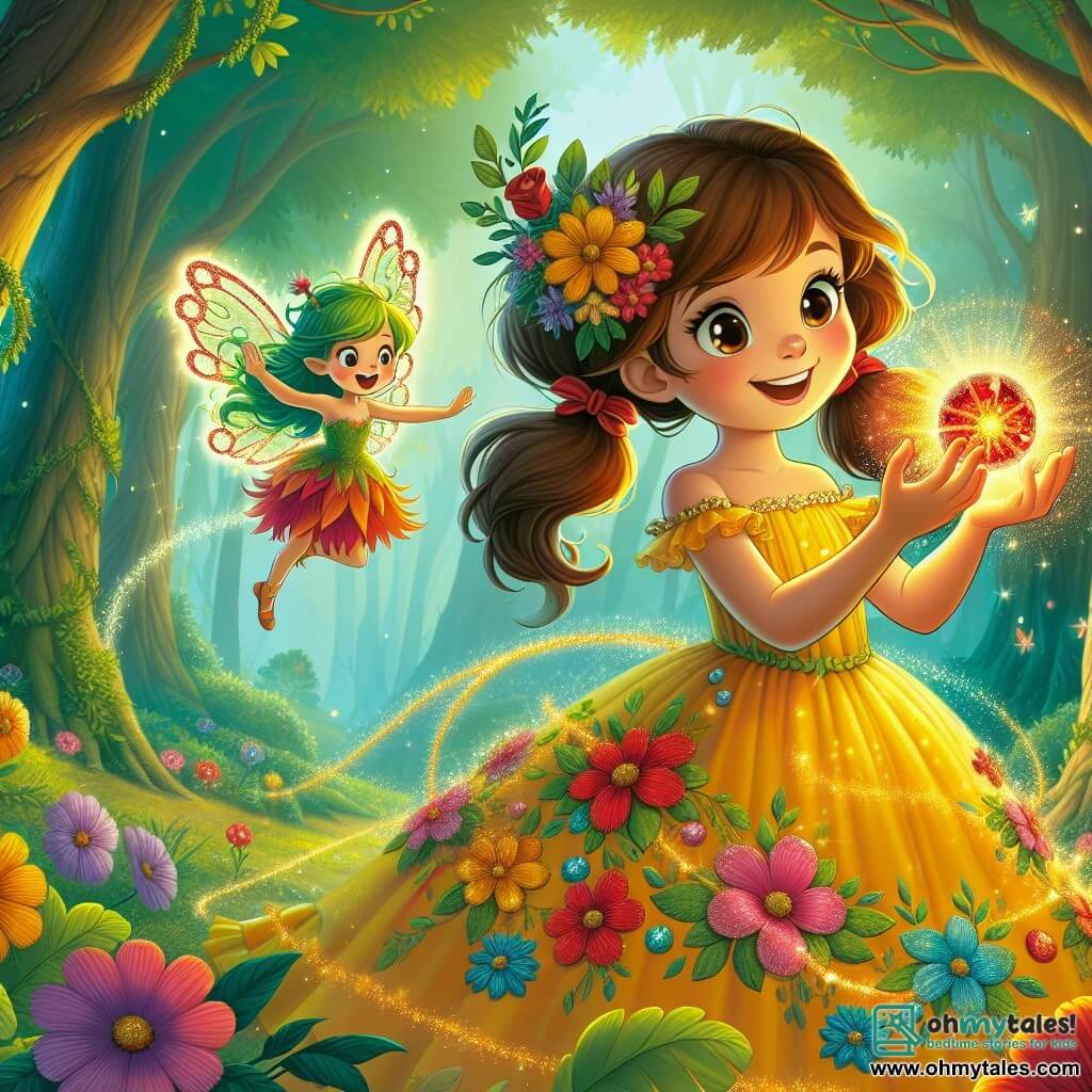 In the center of the image, a young witch named Amelia, about 10 years old, stands with a big smile. She wears a bright yellow dress that swirls around her, adorned with colorful flowers. Her brown hair is tied in two cheerful pigtails. Amelia is holding a shiny gem in her hand, emitting a soft red glow, while she looks on in wonder. Next to her, Tilly, a little forest fairy, floats in the air. She has sparkling wings and green hair, wearing a dress made of leaves. Tilly smiles enthusiastically, pointing at the gem Amelia holds. In the background, the scene takes place in an enchanted clearing, surrounded by majestic trees with thick trunks and lush foliage. Sun rays filter through the branches, illuminating multicolored flowers growing on the ground. The main situation shows Amelia and Tilly celebrating their victory after finding the Flame Gem, with a magical and joyful atmosphere filled with bright colors and sparkling light.