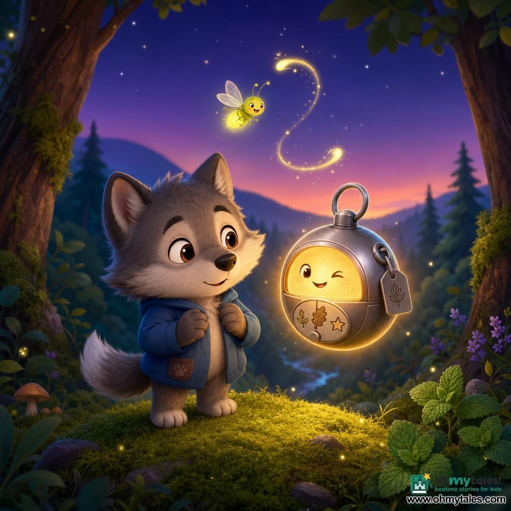 A small anthropomorphic wolf child with soft gray-and-white fur, round curious smiling eyes and a short blue jacket holds a silver round lantern emitting a warm orange glow, looking at it with wonder and mild caution while standing on green moss; the lantern, half-buried at the edge of a path and labeled "Tick-Tock Lantern," has a metal tag, an engraved dial with icons (seed, oak, star) and a winking smiling mouth and floats slightly as a glowing companion; a slim yellow-green firefly traces tiny glowing commas above; background is a wooded valley at dusk with purple-blue gradient hills, brown textured trunks, green bushes and mint-shaped leaves and faint stars; intimate magical centered composition, warm lantern light contrasting the twilight sky, in a childlike comforting graphic style with vivid colors, simple rounded shapes, soft gradients and visible moss and fur textures.