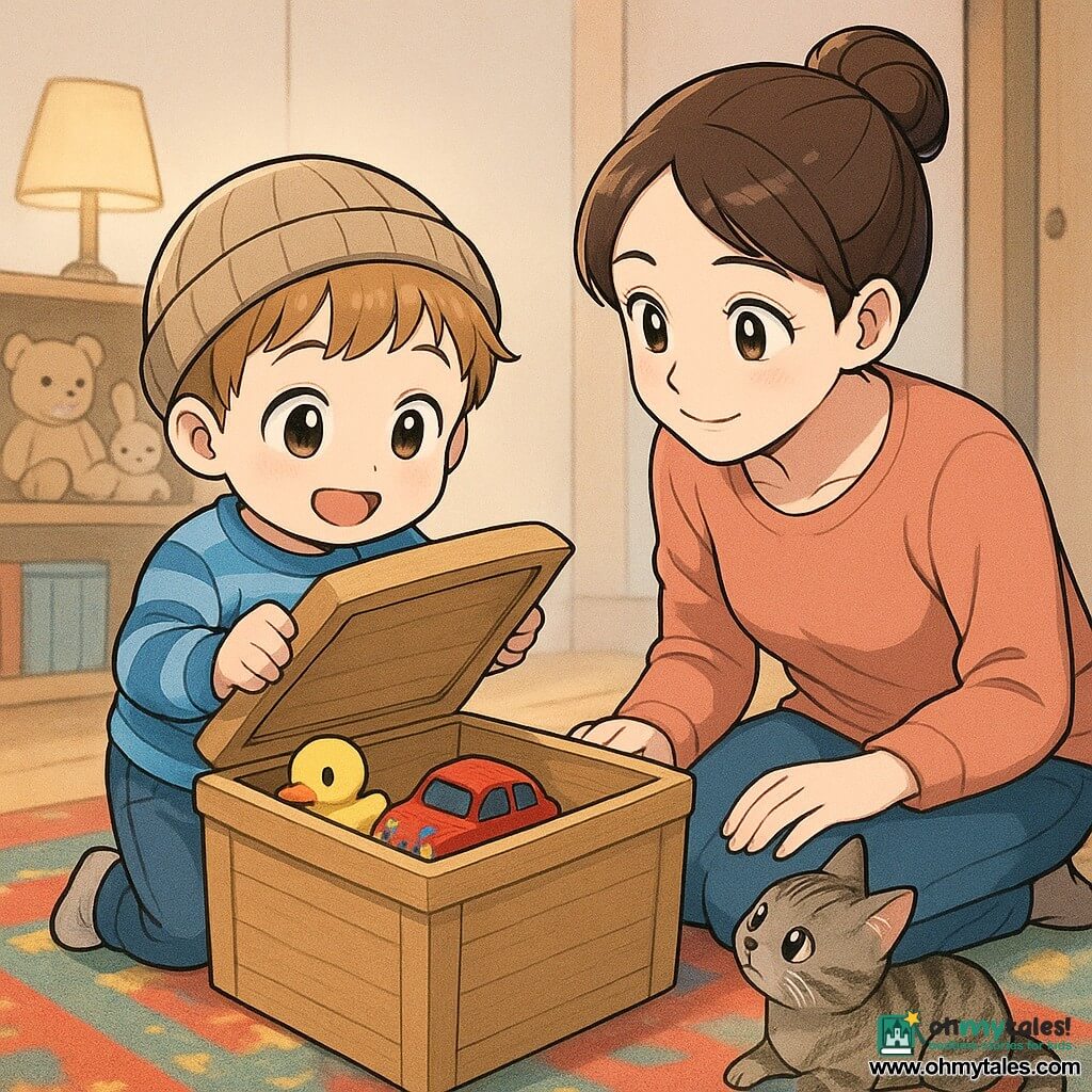 A 2-year-old boy with a round face, light chestnut hair in soft locks and bright wide eyes, wearing a small hat and a blue striped sweater, gently lifts the lid of a wooden toy box and looks inside in amazed wonder; his mother (about 30), with brown hair in a bun and a gentle face, crouches beside the box with a hand on its side, smiling kindly at him; Max, a gray tabby cat with a small blue paint spot on his paw, sits a few feet away tilting his head and watching; inside the box are a shiny yellow toy duck (Mr. Duck) and a small red toy car with sparkling blue paint drops; the scene is a warm living room with a large patterned rug, low shelf of soft toys, soft lamp, pastel walls and a slightly open door letting in a strip of light, creating a bright, cozy, joyful moment of discovery.
