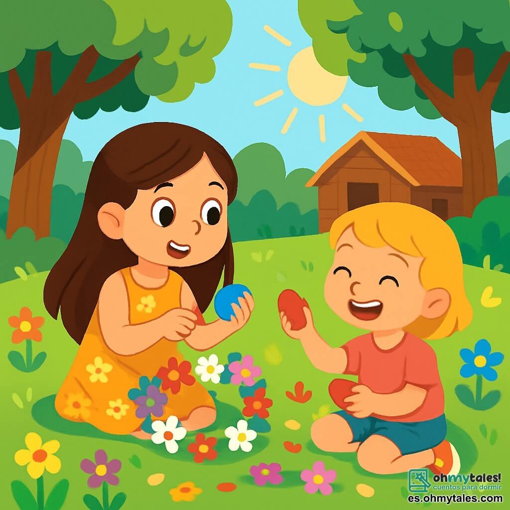 Hay 2 personajes principales: Sofía, una niña de 7 años con cabello largo castaño y ojos brillantes, que lleva un vestido amarillo con flores y sostiene una piedra azul; y Lucía, una niña de 6 años con cabello corto rubio, que lleva una camiseta rosa y un short de mezclilla, sonriendo mientras sostiene una piedra roja. La escena principal transcurre en un jardín soleado del campamento de verano, lleno de flores coloridas, grandes árboles verdes y una pequeña casa de madera al fondo. El suelo está cubierto de hierba verde y suave, y los rayos de sol filtran a través de las hojas, creando un ambiente alegre y acogedor. La situación principal muestra a Sofía y Lucía sentadas en la hierba, creando coronas de flores, riendo juntas, rodeadas de flores multicolores y pétalos esparcidos, disfrutando de un momento de complicidad y creatividad.