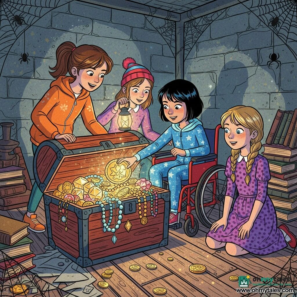 Four children: Lucy, 11, brown hair in a ponytail, orange jacket, standing left and leaning on a carved wooden chest with a brave expression and hand on the lid; Emma, 11, blonde braid, purple polka-dot dress, kneeling to Lucy’s right, lit by the jewels and looking amazed; Mia, 12, short black hair, in a red wheelchair at center front, wearing a starry costume that glows blue as she touches a large shiny coin; Sophie, 10, light brown hair with a striped beanie, crouched behind Mia holding a small lantern that casts long shadows; setting: a dusty old basement beneath a haunted house with worn wooden floorboards, damp stone walls, cobwebs, crates and stacked books around a carved wooden strongbox, low high-contrast lighting; main scene: the open chest is full of glittering jewels and old coins, Mia’s costume emits a magical blue light that illuminates their faces with dancing shadows, expressions of wonder and friendship.