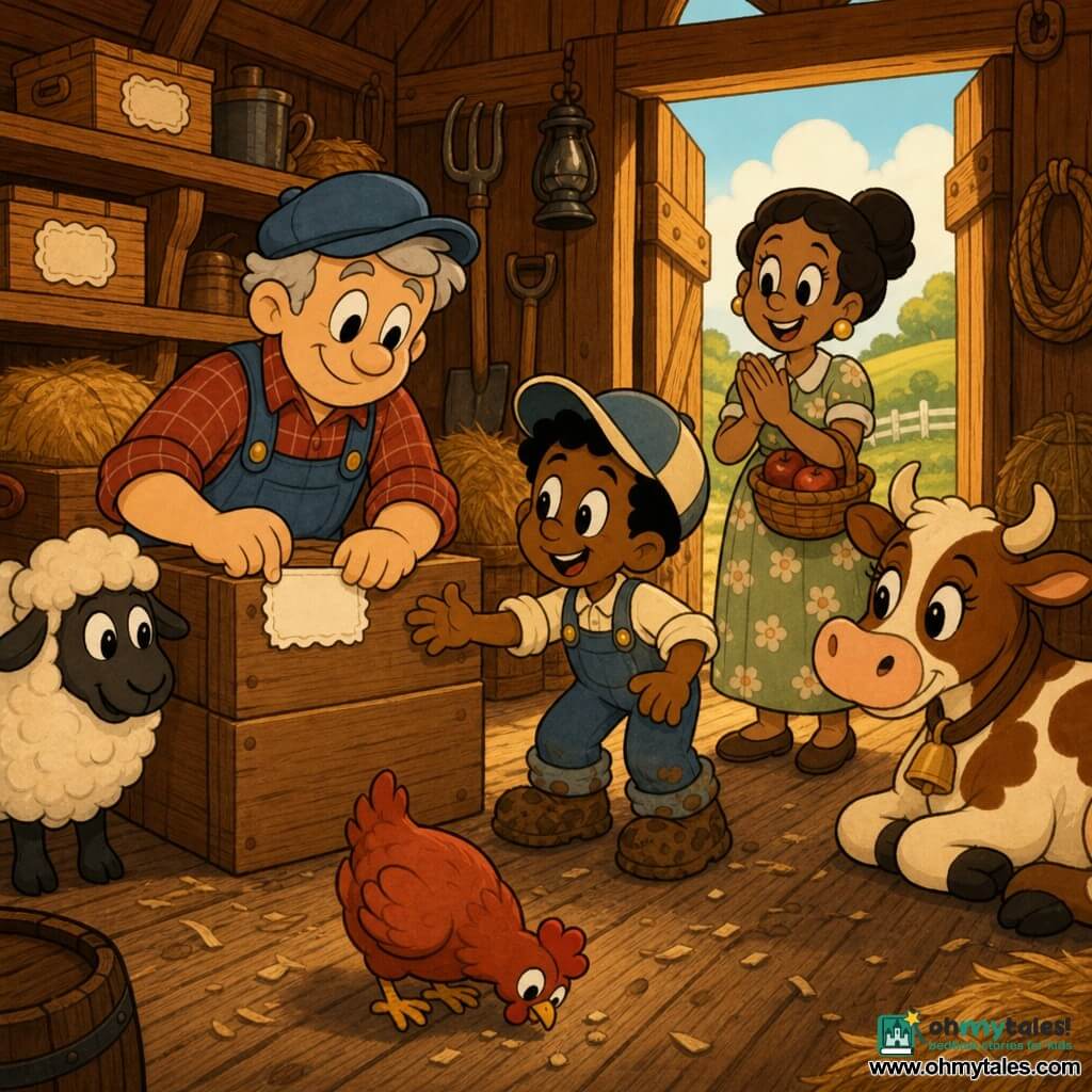 A smiling, serene farmer with short gray hair, fair skin, a blue cap, red plaid shirt and denim overalls sticks a white label on a large wooden crate in a warm brown barn; a woman with her hair in a bun in a simple floral dress claps and holds a small basket of apples near the barn entrance to the right of the man; a ~6‑year‑old boy in an oversized cap, overalls and muddy shoes stands beside the man, reaching for a label with an enthusiastic look; Daisy, a brown‑and‑white cow with big gentle eyes, crouches by a rack watching; Clucky, a red hen, pecks near the boy’s feet; Baa‑Baa, a fluffy white sheep, stands left and slightly back; golden light filters through an open door onto shelves of labeled boxes, hay bales, hanging tools and a worn plank floor with a few chips; the farmer labels boxes for his farm shop while family and animals watch, creating a calm, warm, organized scene with warm colors, strong contrasts, rounded silhouettes and friendly expressions.