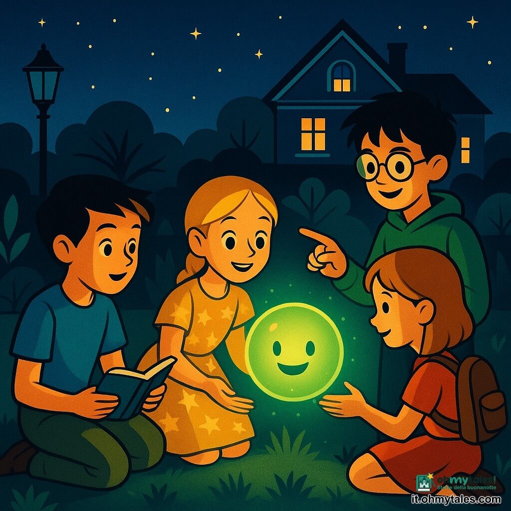 Ci sono cinque figure: Luca, ragazzo 10 anni, capelli castani corti, maglietta blu e pantaloni kaki, seduto a sinistra con un piccolo taccuino aperto che osserva la sfera luminosa con stupore; Stella, ragazza 9 anni, capelli biondi in treccia e vestito giallo a stelle, accovacciata al centro con le mani aperte verso la luce, volto meravigliato; Marco, ragazzo 11 anni, capelli neri spettinati, felpa verde e occhiali tondi, in piedi a destra leggermente arretrato che indica la sfera sorridendo; Giulia, ragazza 10 anni, capelli castano chiaro, gonna rossa e piccolo zaino, inginocchiata vicino a Luca che sfiora la sfera come per comunicare; Lumo, extraterrestre non umano: piccola sfera luminosa verde traslucida di circa 30 cm con superficie lucida, un piccolo schermo sorridente al centro e leggere pulsazioni, che fluttua sull'erba emettendo un'aura verde tenue. Luogo: giardino domestico notturno con prato, fiori bassi, cespugli in stile art déco, grande casa sullo sfondo con finestre calde e cielo stellato indaco; lampione spento per lasciare la sfera come unica fonte di luce. Situazione: i quattro bambini circondano la sfera appena apparsa che proietta riflessi verdi sui loro volti; atmosfera magica di meraviglia e curiosità, composizione centrata, colori contrastanti e contorni netti in stile art déco.