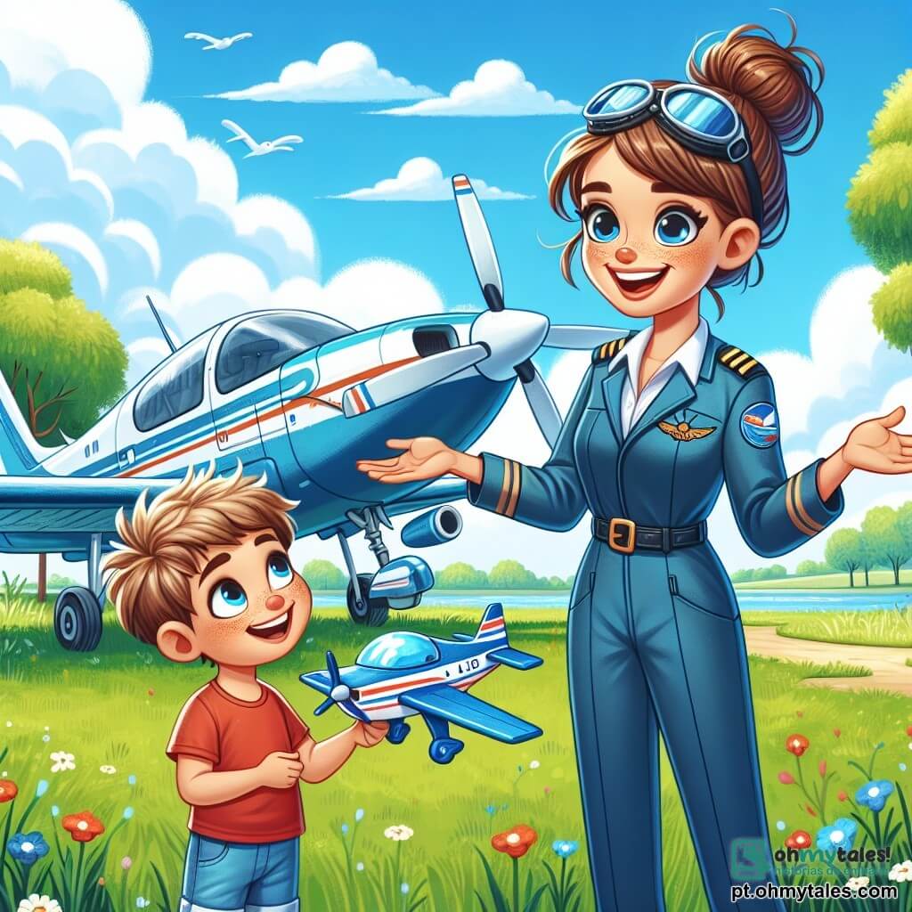 Uma piloto chamada Ana, com cabelos castanhos presos em um coque, veste um macacão azul e um capacete. Ela sorri amplamente, demonstrando sua paixão pelo voo, e está ao lado de seu belo avião azul, com os braços abertos como se convidasse para a aventura. Ao seu lado, um menino chamado Lucas, de cerca de 8 anos, com cabelos loiros bagunçados e olhos brilhantes de curiosidade, observa o céu com admiração. Ele usa uma camiseta vermelha e um short, segurando um pequeno modelo de avião nas mãos, em pé na grama, bem na frente de Ana. O local é um parque verdejante, com árvores majestosas e um céu azul salpicado de nuvens brancas e fofas. O avião está estacionado em uma pequena área livre, cercada por flores coloridas que dançam ao vento. A cena principal mostra Ana explicando a Lucas como voar, com gestos entusiásticos, enquanto Lucas, com os olhos brilhando de excitação, já imagina seu próprio voo nas nuvens.