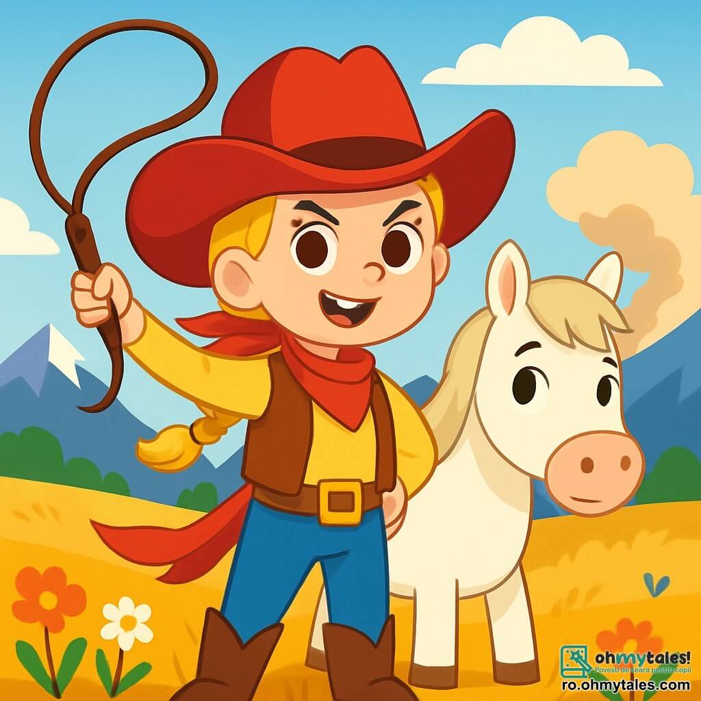 Ella, o cowgirl curajoasă, poartă o pălărie mare și frumoasă roșie, cu părul blond împletit care îi cade pe umeri. Are ochi strălucitori de determinare și un zâmbet încrezător, mânuind cu entuziasm biciul. Lângă ea, Matilda, o căluță albă cu ochi blânzi, stă pregătită, cu urechile ridicate, de parcă simțea emoția aventurii. Peisajul este o vastă pajiște aurie, presărată cu flori sălbatice colorate, cu munți măreți în fundal și un cer albastru strălucitor. La distanță, un nor de praf anunță apropierea bandiților, creând o atmosferă de tensiune și anticipare. Situația principală arată cum Ella și Matilda se pregătesc să plece în aventură, gata să înfrunte bandiții lui Jack Șarpele, cu un aer de provocare pe fața lui Ella, în timp ce vântul îi flutură eșarfa roșie.