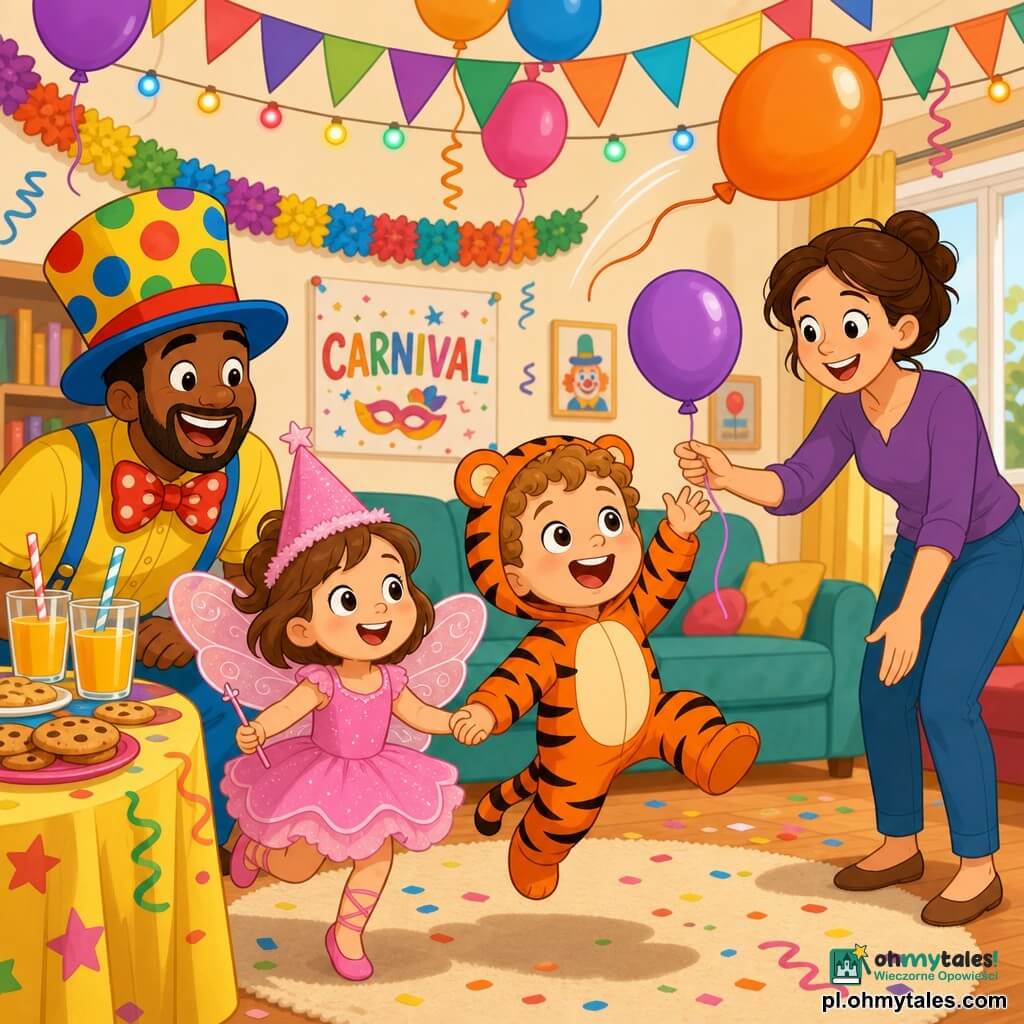 Dwulatek w pomarańczowym kostiumie tygrysa skacze z uniesionymi rękami, trzymając odlatujący pomarańczowy balon; za nim uśmiechnięta mama w ok. 30 lat podaje nowy balon, obok po lewej śmieje się tata w dużym kolorowym kapeluszu klauna, a czterolatka przebrana za wróżkę w różowej sukience trzyma chłopcu rękę i tańczy; pokój dzienny udekorowany na karnawał (girlandy, balony, kolorowe światła, stół z ciasteczkami i sokami), radosna, barwna atmosfera.