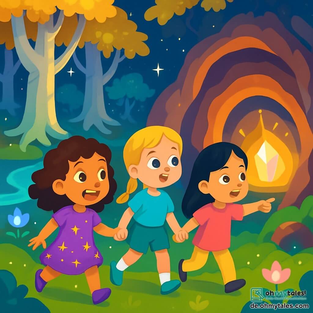 Es gibt drei Charaktere: Lila, ein 8-jähriges Mädchen mit lockigem, braunem Haar, trägt ein lila Kleid mit goldenen Sternen. Sie ist energiegeladen und lächelt fröhlich, während sie die Hand ihrer Freundinnen hält. Mia, ein 7-jähriges Mädchen mit geflochtenem, blondem Haar, trägt ein blaues T-Shirt und grüne Shorts. Sie hat einen neugierigen Blick und hält einen kleinen, funkelnden Kompass in der Hand. Sofia, ein 9-jähriges Mädchen mit glattem, schwarzem Haar, trägt eine rosa Tunika und gelbe Hosen. Sie hat einen entschlossenen Ausdruck und zeigt auf einen hellen Weg durch den Wald. Der Hauptort ist ein schwebender, magischer Wald mit großen, silbernen Baumstämmen und goldenen Blättern unter einem sternenklaren Himmel. Leuchtende Blumen erhellen den Boden, und kristallklares Wasser schlängelt sich zwischen den Wurzeln der Bäume. Die Hauptsituation zeigt die drei Freundinnen, die den verzauberten Wald erkunden, fasziniert von der Schönheit der Umgebung, während sie sich einer bunten Höhle nähern, in deren Mitte ein magischer Kristall in strahlendem Licht glänzt.