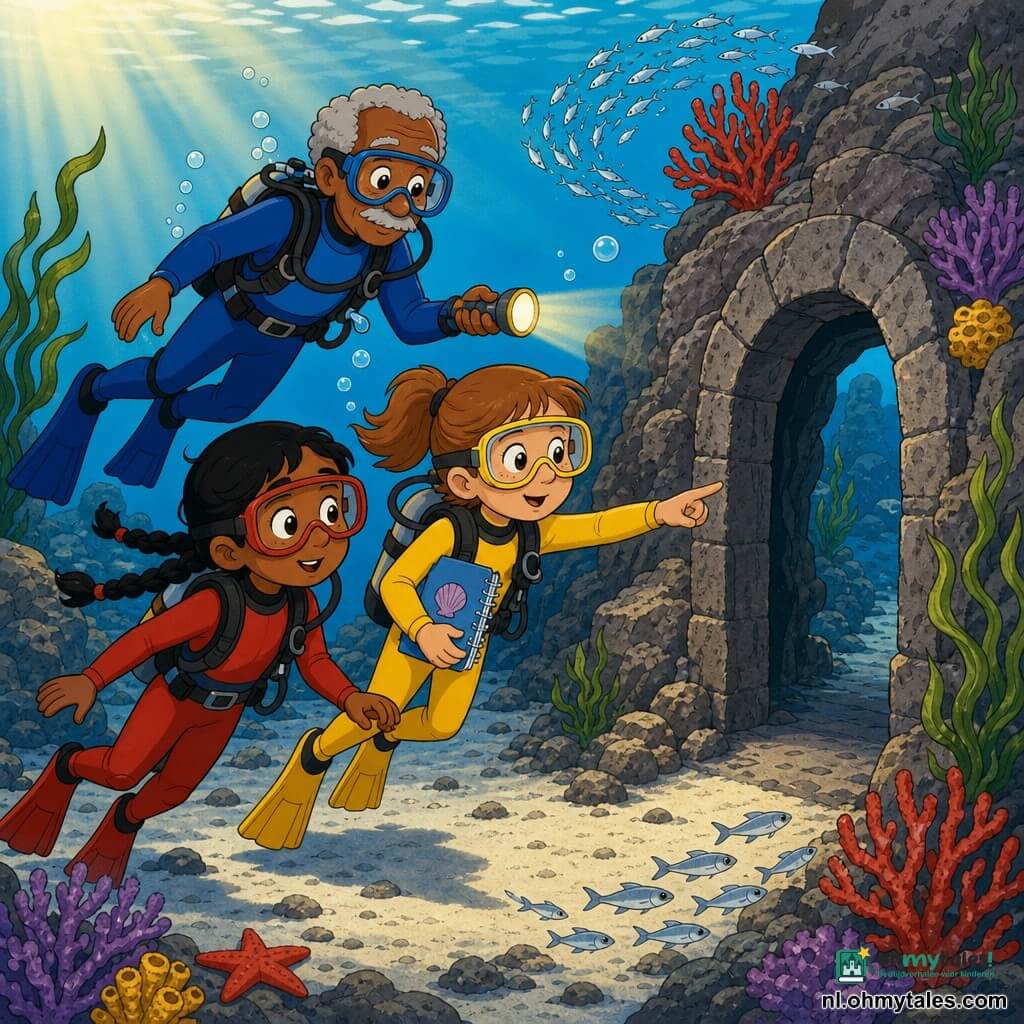 Een emotionele en vastberaden 6-jarige meisje met ronde gezicht, sproeten, lichtbruin haar in staart, in een kleine gele duikpak en grote duikbril wijst naar een rotsopening als een deur en houdt een waterdicht schrift onder haar arm; naast haar zwemt Noor, een enthousiaste en levendige 7-jarige met donker haar in een vlecht en een rood duikpak, nieuwsgierig naar de doorgang; een rustige, goedhartige grootvader van ongeveer 70 met grijs haar, een blauwe duikpak en een kleine waterdichte lamp zweeft achter hen en wijst de weg; locatie: onderwaterdoorgang tussen twee grote boogvormige rotsen met wit zand en kleine steentjes, donker groen zeewier dat golft, kleurrijk koraal (rood, paars, geel) en scholen zilveren vissen; zonlicht filtert in gouden stralen, lichte belletjes stijgen omhoog, zachte veilige verkenningssfeer.