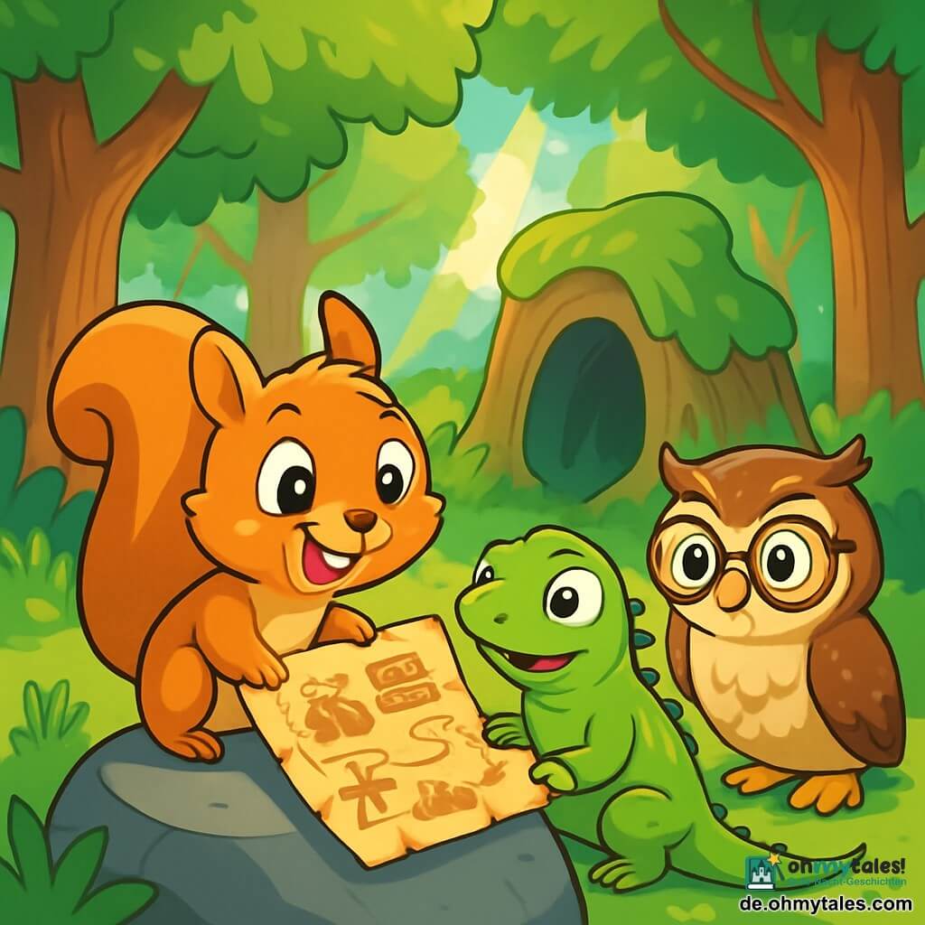 Ein kleines Eichhörnchen mit funkelnden Augen und golden-braunem Fell namens Maya steht auf einem großen Felsen, ihr Herz schlägt vor Aufregung. Sie betrachtet eine leicht zerknitterte alte Karte, die glitzernde Schätze und gewundene Wege zeigt. Neben ihr zeigt ein rundlicher, grüner Leguan namens Rudi einen Ausdruck des Staunens, seine runden, neugierigen Augen sind auf die Karte gerichtet. Ein wenig weiter beobachtet eine weise Eule mit braun-weißen Federn, Oskar, die Szene ernst, seine große Brille rutscht ihm von der Nase, bereit, Ratschläge zu geben. Die Kulisse ist eine sonnige Lichtung, umgeben von majestätischen Bäumen mit dicken Stämmen und lebhaften Blättern, durch die Lichtstrahlen tanzen. Im Zentrum steht ein alter, hohler Baumstamm, bedeckt mit Moos, der Geheimnisse zu verbergen scheint. Die Hauptsituation zeigt Maya, Rudi und Oskar, die sich um die Karte versammelt haben, bereit für das Abenteuer, den versteckten Schatz im Herzen des verwunschenen Waldes zu entdecken.