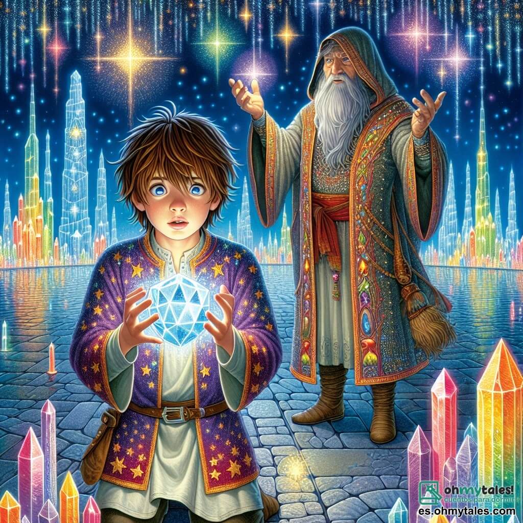 Un niño de 11 años, Elian, se encuentra en el centro de la escena, con cabello castaño desordenado y ojos brillantes de curiosidad. Lleva una túnica colorida adornada con patrones estrellados y sostiene un orbe de cristal brillante en sus manos, su rostro expresa asombro y determinación. A su lado, una figura encapuchada, que representa al líder de los Antiguos, es un hombre de unos 70 años, con una larga barba plateada y ojos sabios que brillan con una luz misteriosa. Levanta una mano hacia el cristal gigante, como si invocara una magia antigua. El escenario es una gran plaza de una ciudad de cristal, donde torres brillantes se elevan hacia un cielo estrellado, iluminadas por luces multicolores. El suelo está pavimentado con piedras brillantes que reflejan la luz de los cristales circundantes, creando una atmósfera mágica. La escena principal muestra a Elian recitando un encantamiento, rodeado de un aura luminosa, mientras el cristal gigante en el centro de la plaza comienza a vibrar y a emitir destellos de luz, liberando una energía mágica que danza en el aire.