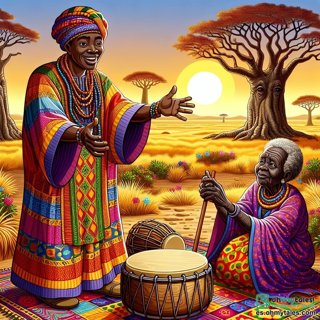 Un hombre, el jefe Mosi, se encuentra en el centro de la escena, con una amplia sonrisa cálida y ojos brillantes de determinación. Lleva una túnica colorida de tela tradicional, adornada con motivos africanos, y un collar de cuentas que brilla al sol. Mosi está extendiendo la mano hacia un tambor de madera, tratando de recuperarlo. Junto a él, una anciana griot, de unos 70 años, con el cabello gris trenzado y un rostro arrugado lleno de sabiduría, observa atentamente. Ella viste una larga túnica de tela vibrante y sostiene un bastón de madera, símbolo de su papel como narradora. El escenario se sitúa en una vasta sabana dorada, donde la luz del sol poniente ilumina el paisaje. Majestuosos baobabs se alzan al fondo, con sus ramas extendidas como brazos acogedores. El suelo está cubierto de flores silvestres coloridas, y una ligera brisa hace danzar la hierba. La situación principal muestra a Mosi, decidido a encontrar el tambor perdido, mientras la griot le susurra consejos, creando una atmósfera de misterio y aventura.