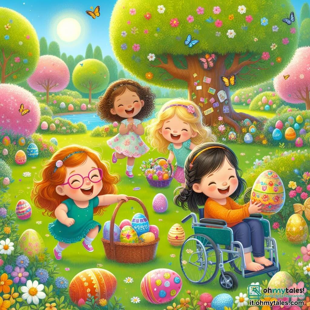Quattro bambine felici, di età compresa tra 7 e 8 anni, sono riunite in un parco soleggiato. Mia, con i capelli castani e occhiali rosa, salta di gioia tenendo un grande cesto pieno di uova colorate. Lila, con i capelli biondi e ricci, è accucciata mentre esamina un uovo decorato trovato nell'erba. Sara, con i capelli neri e una treccia, sorride tenendo una mappa del tesoro, mentre Nina, con i capelli castani e un bel vestito blu, è sulla sua sedia a rotelle, indicando un grande albero in fiore. Il parco è pieno di fiori colorati, alberi verdi e un cielo blu splendente. Farfalle volano intorno a loro, aggiungendo un tocco di magia alla scena. Le ragazze sono impegnate nella caccia alle uova di Pasqua, cercando uova nascoste sotto i cespugli e dietro gli alberi, con risate e grida di gioia. Al centro, un grande uovo dorato brilla al sole, promettendo una meravigliosa sorpresa a chi lo troverà.