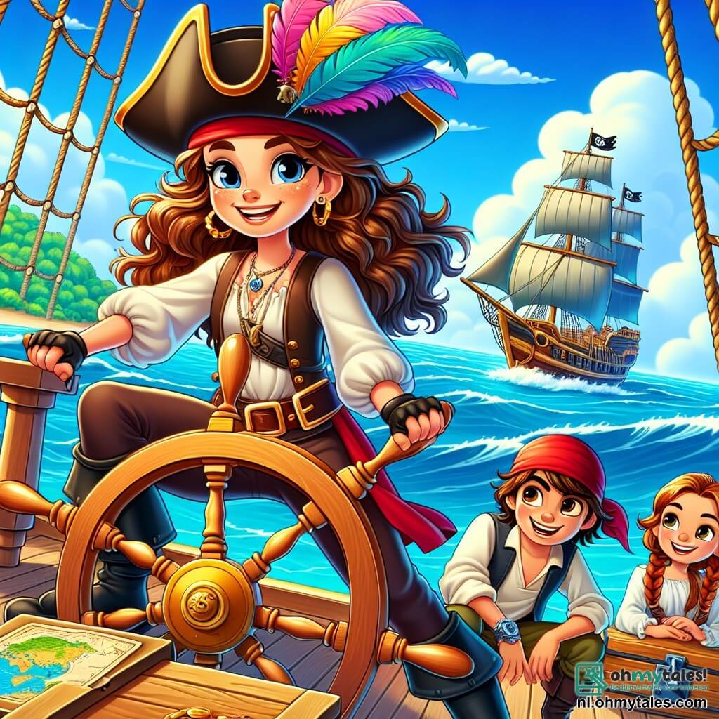 In het midden van de afbeelding staat de dappere Kapitein Ella, een vrouw met lang, krullend haar, die een grote piratenhoed met kleurrijke veren draagt. Haar gezicht toont vastberadenheid en opwinding terwijl ze stevig haar houten band vasthoudt, klaar om te navigeren. Ze is gekleed in een wit shirt, een leren vest en piratenbroeken, met zwarte laarzen. Naast haar staat haar trouwe tweede, een jonge man genaamd Tom, ongeveer 18 jaar oud, met kort haar en een rode bandana. Hij kijkt met verwondering naar de schatkaart, terwijl hij op het dek van het schip staat. Een ander bemanningslid, een klein meisje genaamd Lily, 10 jaar oud, met vlechten en een ondeugende glimlach, hurkt bij een kist en probeert deze te openen met een gouden sleutel. De scène speelt zich af op het dek van het grote schip "De Zeemeeuw", dat lichtjes op de golven wiegt. De lucht is blauw met enkele witte wolken, en de horizon toont een mysterieuze eiland in de verte, omringd door palmbomen en gouden stranden. De hoofdactie toont Kapitein Ella en haar bemanning die een schatkaart ontdekken, met gezichten vol vreugde en anticipatie, klaar om op avontuur te gaan en de legendarische verborgen rijkdom te vinden.
