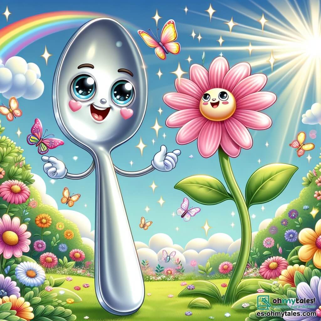 Ilustración que representa una cucharita brillante, con una cara sonriente y ojos chispeantes de curiosidad. Está de pie sobre un suelo verde, rodeada de flores coloridas, mientras los rayos del sol bailan sobre su superficie. Junto a ella, una flor parlante, con pétalos rosas brillantes y una cara alegre, se inclina ligeramente hacia la cucharita, expresando entusiasmo y bondad. El lugar principal es un jardín encantado, lleno de flores gigantes de colores vivos, mariposas voladoras y nubes esponjosas flotando en un cielo azul brillante. Arcos iris brillan a lo lejos, añadiendo un toque de magia al entorno. La situación principal muestra a la cucharita y la flor explorando, riendo y jugando juntas, descubriendo las maravillas del jardín. Otros elementos gráficos incluyen mariposas de alas coloridas revoloteando a su alrededor, rayos de sol filtrándose a través de las hojas, y una atmósfera alegre y mágica que invita a la aventura.