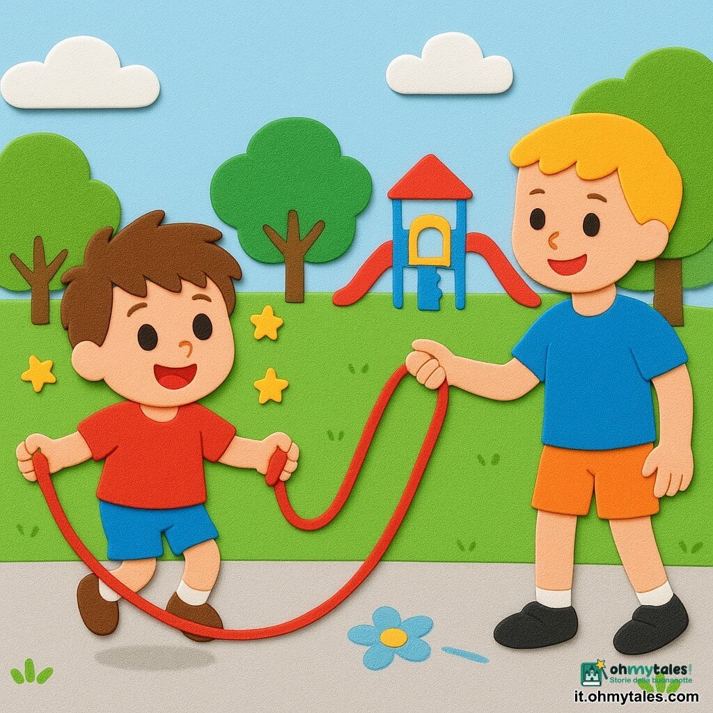 Bambino di 4 anni dal viso rotondo e capelli castani spettinati, occhi grandi e brillanti, espressione gioiosa e concentrata, salta la corda con piccoli balzi mentre la corda rossa oscilla; bambino più grande di circa 8 anni, capelli corti biondi e sorriso incoraggiante, tiene un'estremità della corda mostrando il ritmo, mamma di circa 32 anni con capelli castano chiaro raccolti, in abito leggero a fiori, applaude sorridendo da una panchina poco distante; parco luminoso con prato verde, alberi tondi, marciapiede chiaro, area giochi sullo sfondo e cielo azzurro con qualche nuvola; la scena mostra il piccolo che esita e poi riesce a saltare con un balzo, movimenti espressivi e stelline che suggeriscono gioia e orgoglio.