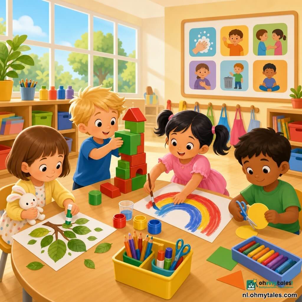 Een lichte klas met grote ramen, houten vloer en lage planken vol kleurige bakjes; Mila (4) glimlachend en wat verlegen, kort bruin haar, lichtgele jas en stippenjurkje, zit aan de hoek van een grote activiteitentafel en plakt echte blaadjes op papier terwijl ze een wit knuffelkonijn vasthoudt; Finn (5), energiek en geconcentreerd met warrig blond haar en blauw T‑shirt, bouwt naast haar een wiebelende toren van rode en groene blokken en stabiliseert die met een grote steen; Laila (4), trots en blij met zwarte twee staartjes en roze jurk, schildert tegenover Mila een brede regenboog in felle kleuren; Amir (5), kalm en precies met een groen T‑shirt, knipt aan de andere kant van de tafel een nette cirkel bij de pennendoos; een blauw verfvlekje op de tafel en de kinderen ruimen rustig samen op; aan de muur pictogrammen voor gewoonten zoals handen wassen en beurt afwachten.