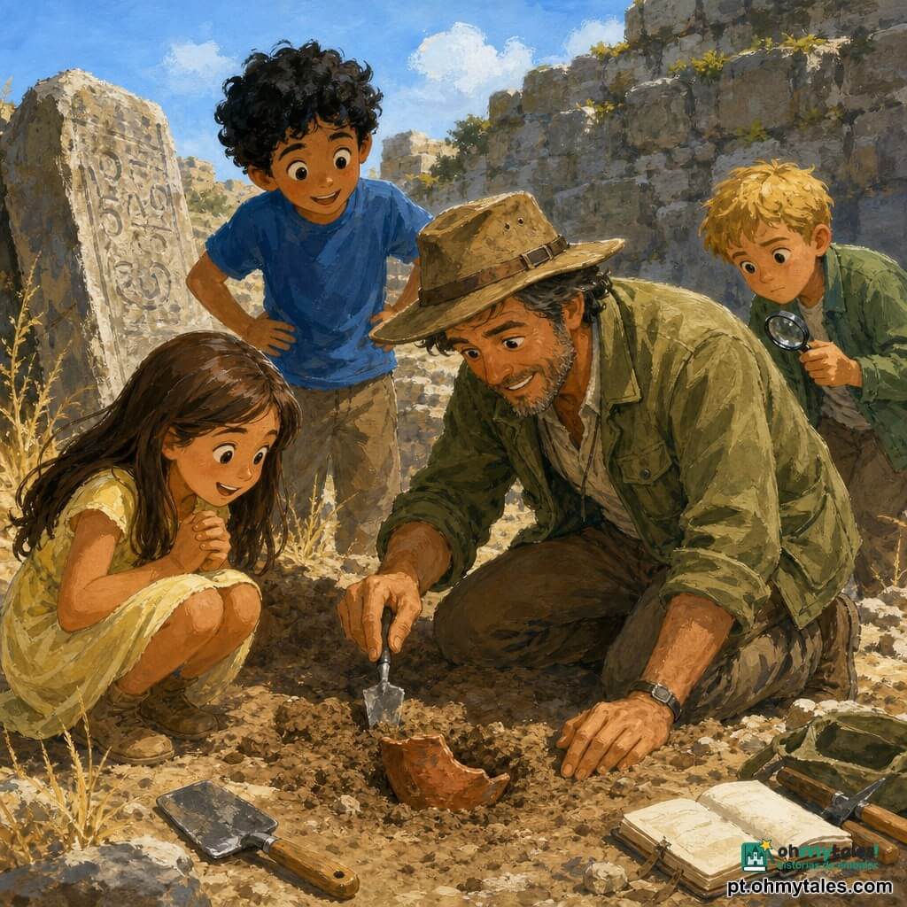 Um arqueólogo sorridente e concentrado, cabelos castanhos salpicados de grisalho, jaqueta cáqui e chapéu de explorador, ajoelhado e segurando delicadamente uma pequena espátula enquanto revela um fragmento de cerâmica vermelho‑acastanhado; ao seu lado, Sofia, cerca de 9 anos, cabelos longos castanhos e vestido amarelo claro, agachada e maravilhada; João, cerca de 8 anos, cabelos cacheados negros e camiseta azul, em pé atrás com as mãos na cintura e olhar entusiasmado; Lucas, cerca de 10 anos, cabelos curtos loiros e jaqueta verde, um pouco recuado à direita com uma lupa na mão e expressão atenta; cenário: trilha empoeirada ao sol, restos de um muro antigo de pedras cinzentas com musgo e uma grande pedra inclinada com inscrições ao fundo, tufos de capim seco e ferramentas de escavação (pá, pincel, caderno) na areia; momento sereno de escavação ao amanhecer, luz suave, gestos delicados e poeira leve no ar, partilhando espanto entre o homem e as crianças.