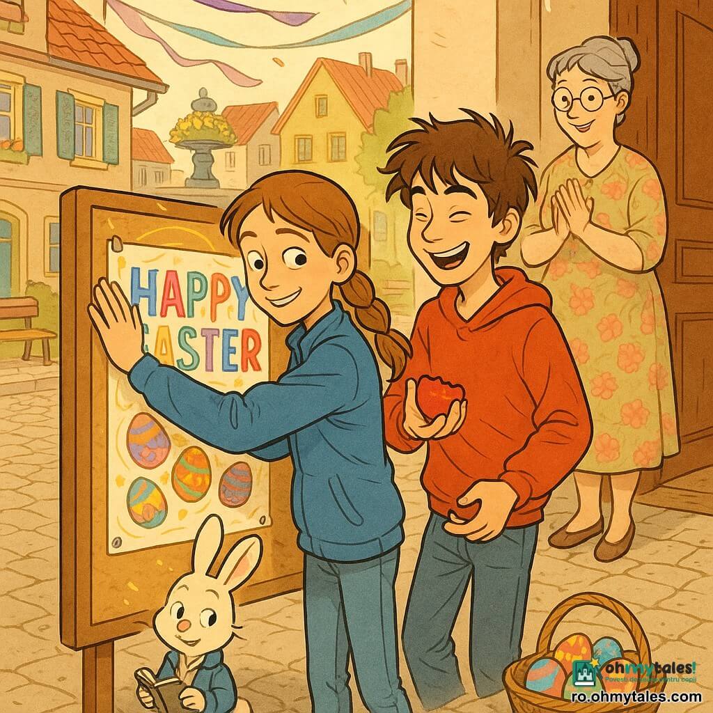 Mara, fată de 12 ani, față concentrată și zâmbitoare, păr șaten deschis împletit, geacă albastră și blugi, ține un mare afiș colorat și îl pune drept pe un panou de plută, expresie mândră și blândă; Andrei, băiat ~13 ani, păr zburlit, hanorac roșu, râde lângă ea ținând jumătate de ou roșu spart, privire complice; doamna Ileana, bibliotecară adultă, păr cenușiu prins în coc, ochelari rotunzi, rochie cu flori, stă ușor retrasă lângă ușa bibliotecii și aplaudă discret; Puf, un iepuraș alb antropomorf, poartă o vestă mică și ține un mic agendă, stă jos la baza panoului, chip ștrengar; loc: piața satului primăvara, piatră cubică, bănci de lemn, fântână cu coroniță de flori galbene, case cu obloane colorate și panglici pastel plutind; situație: moment cald și luminos în care afișul este fixat drept pe panou, săteni zâmbitori citesc, coș cu ouă decorate și o spirală aurie discretă în jurul afișului sugerând magia Paștelui; stil grafic: linii clare, culori vii și pastel, texturi hârtie și cerneală, compoziție lizibilă, expresii ușor exagerate dar blânde, atmosferă veselă și primitoare.