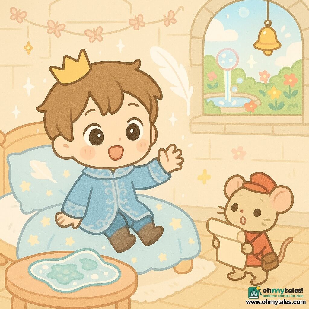 Smiling, surprised little prince with large bright eyes and rosy cheeks wears a tilted gold crown and sky-blue embroidered robe, sitting on a star-patterned soft bed, reaching toward a tickling floating white feather; a small beige messenger mouse in a red postman's outfit stands by the bed holding a large parchment, a translucent peach gelatinous map with bubbles rests on a low table, a brass bell-chime on the windowsill rings and sparkles, and the bright cozy castle room with pale stone walls, glittering butterfly garlands, a round window overlooking a colorful flower garden and bubbling fountain, light wood floor and plush rug, is filled with floating sparkles and a joyful magical pastel atmosphere.