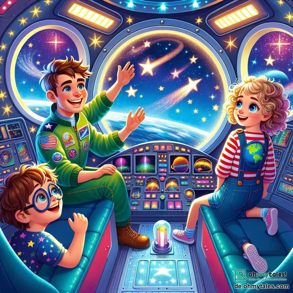 Ein lächelnder Mann, Max, ein Raumschiffpilot, steht im Mittelpunkt der Szene. Er hat braune Haare und strahlende Augen, trägt einen bunten Raumanzug mit leuchtenden Sternen. Er zeigt den Kindern das Cockpit des Raumschiffs und strahlt Begeisterung für das Abenteuer aus. Neben ihm schaut ein 8-jähriges Mädchen namens Lina mit blonden, lockigen Haaren durch ein großes Fenster und trägt ein T-Shirt mit Planetenmotiven, fasziniert von den funkelnden Sternen draußen. Ein anderer Junge, Tim, 7 Jahre alt, mit Brille und braunen Haaren, springt schwebend in der Schwerelosigkeit mit einem breiten Lächeln und zeigt seine Freude, im Weltraum zu sein. Die Szene spielt im Inneren des Raumschiffs "Sternenflieger", wo die Wände mit leuchtenden Kontrollpaneelen und runden Fenstern geschmückt sind, die einen spektakulären Blick auf die Unendlichkeit des Weltraums mit leuchtenden Sternen und bunten Planeten bieten. Die Hauptsituation zeigt Max, Lina und Tim, die das Cockpit des Raumschiffs erkunden, begeistert von den Sternen und der Weite des Kosmos, bereit für ihre unglaubliche Reise ins All.