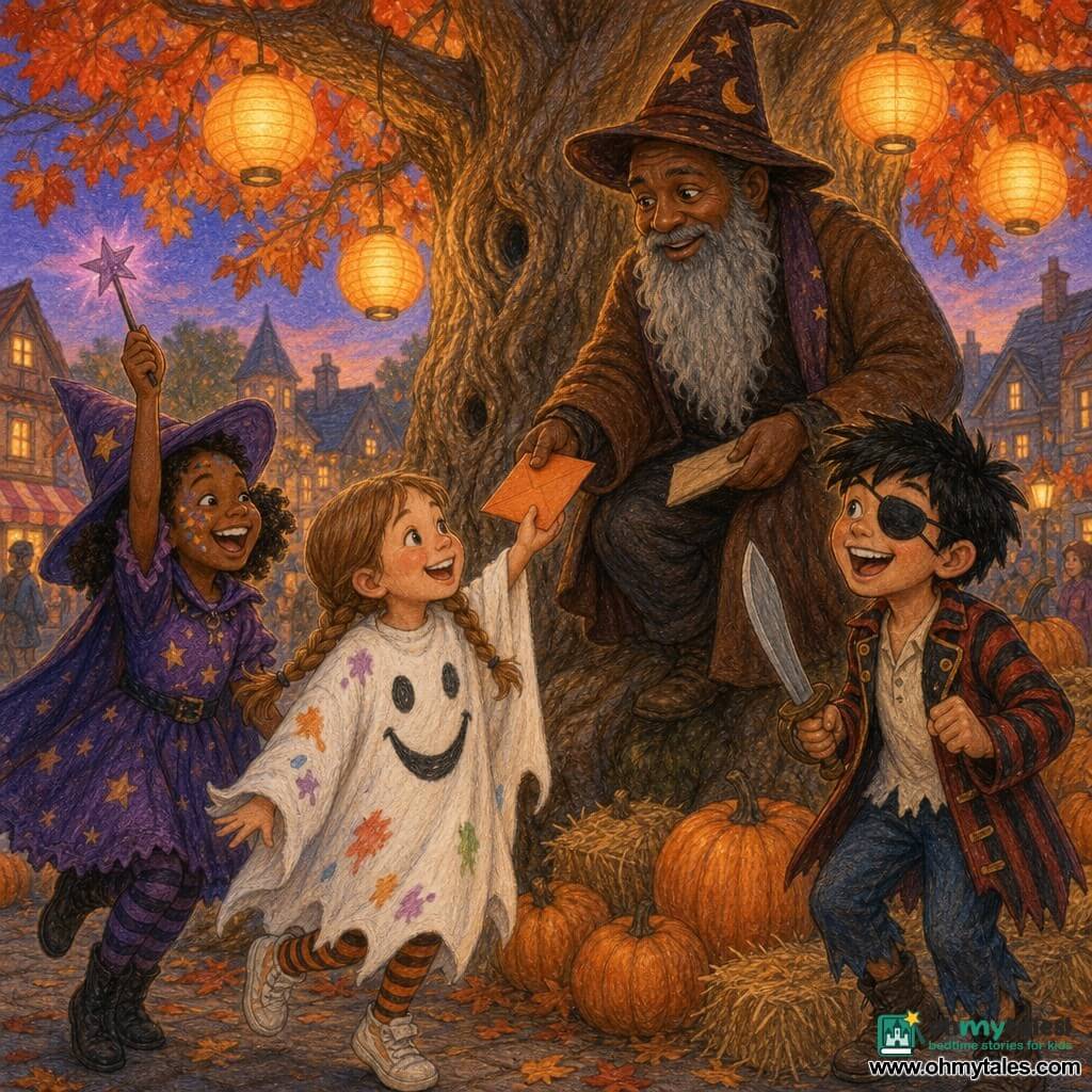 A joyful, mischievous 6-year-old girl with bright eyes and light brown hair in two braids wears a white sheet painted with a big smile as a ghost costume and holds a small orange card, standing on tiptoe; to her left Mia, about 7, with a painted face, purple pointed hat and starry dress, laughs while waving a plastic wand; to her right Max, about 8, with tousled black hair, a fabric eye patch, a striped jacket and plastic sword, looks at the card excitedly; nearby Mr. Jenkins, about 50, with a long fake gray beard and a brown mailman coat turned into a magician's robe, perches by the gnarled-trunk village oak and hands another envelope to the children; it is dusk, lanterns hanging from orange and red leaves light their faces, pumpkins and golden hay bales surround the tree, and the children discover a treasure map hidden between two pumpkins, creating a warm, anticipatory atmosphere.