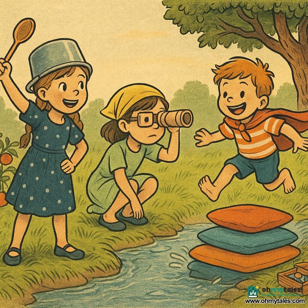 Three children: Lucy, 9, light brown hair in a braid, navy polka-dot dress, a pot helmet and wooden spoon held like a sword, left, enthusiastic captain pose; Mia, 7, brown bob, yellow headscarf, cardboard glasses as a spyglass, light green dress, center, crouched, scanning the shore and pebble path; Sam, 4, red hair, red towel cape, orange-and-white striped tee, right, jumping on a cushion on the water, laughing with arms out for balance. Setting: a family garden in late afternoon, mown green grass, tomato bed on the left, a small sparkling stream in the center, twisted oak branches and exposed roots on the right with a small wooden box at its base, a stack of colorful cushions thrown across the stream as a bridge. Main scene: the children cross the cushion "bridge" joyfully and dynamically, cushions bouncing, light splashes, warm sunlight, colorful marbles visible in the open box, expressions of fun and adventure.
