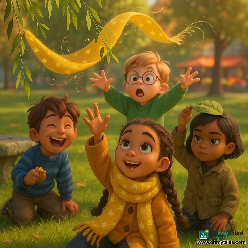 Four 8-year-old children: Mila, a girl with light chestnut hair in a thick braid and sparkling green eyes, wearing a mustard coat and a large yellow starry scarf, sits on the grass reaching for the scarf blowing toward her; Jay, a boy with tousled brown hair and a chocolate smudge on his cheek in a blue striped sweater, is left, bent forward laughing and holding half a cookie; Nora, a girl with black bobbed hair and a serious yet smiling face in a khaki jacket, stands right, adjusting a leaf on her head like a little hat; Milo, a boy with light blond hair, round glasses and a green sweatshirt, stands behind Mila striking a dramatic pose with arms raised as if imitating the wind. Setting: daytime neighborhood park with mown green lawn, drooping willow branches, a cracked mossy stone bench, a shimmering pond with blue reflections and water lilies, and a blurred colorful market with red umbrellas in the background. Main action: the large yellow scarf floats around a willow branch and twinkles as if embroidered with tiny glowing stars; the children form a semicircle with joyful, amazed expressions. The air is shown as fine transparent swirls and dancing light glitter around the scarf, creating a whimsical, humorous feeling; warm saturated colors, soft late-afternoon lighting, warm 3D rendering, woolly scarf texture and slightly glossy leaves.