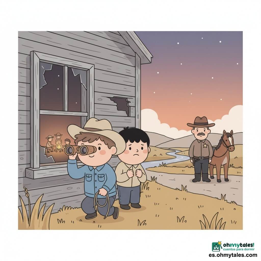 Miguel (unos 12 años), rostro redondo y concentrado, pelo castaño alborotado, chaqueta vaquera y sombrero de vaquero beige, agachado junto a una ventana rota del viejo rancho, mira con unos binóculos de madera y sostiene una pequeña cuerda; Tomás (unos 11 años), mejillas sonrosadas, pelo negro corto, nervioso pero valiente, se esconde detrás de Miguel con las manos en el borde de la ventana mirando al interior; el sheriff (unos 40 años), alto y fornido, con bigote fino, sombrero marrón y estrella de metal en el pecho, espera afuera junto a un caballo bayo; rancho viejo al crepúsculo con maderas gastadas, hierbas altas doradas, camino de tierra y arroyo al fondo, cielo naranja-púrpura; escena de tensión serena: los chicos espían a forasteros alrededor de una hoguera mientras la luz cálida del fuego contrasta con la fría del crepúsculo, composiciones claras y siluetas simples.