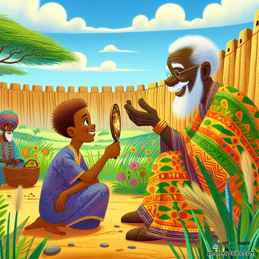 Um homem chamado Amadou, com olhos brilhantes e um sorriso caloroso, está sentado aos pés de um majestoso montículo de terra. Ele tem pele de um tom dourado, cabelo crespo e veste uma túnica colorida com padrões africanos vibrantes. Amadou está concentrado e entusiasmado, segurando um pequeno espelho de bronze que capta a luz do sol. Ao seu lado, um velho, Kebe, de cerca de 70 anos, com barba grisalha e rugas profundas, observa com sabedoria. Ele usa uma roupa tradicional e se mantém levemente curvado, com as mãos apoiadas em um cajado de madeira, pronto para compartilhar seus conselhos. Ao fundo, crianças, um menino e uma menina de cerca de 8 anos, estão sentadas no chão, com os olhos brilhando de excitação, admirando Amadou. O menino tem cabelo curto e veste uma camiseta simples, enquanto a menina, com tranças adornadas com contas coloridas, usa uma saia leve. O cenário é uma paisagem africana, com um céu azul brilhante e nuvens brancas. O montículo de terra é cercado por vegetação exuberante, com gramíneas altas e flores vibrantes balançando ao vento. A cena principal mostra Amadou criando um fogo, concentrado na luz do sol que brilha sobre o espelho, enquanto a fumaça começa a subir e as crianças aplaudem suavemente, ansiosas para ver a mágica acontecer.