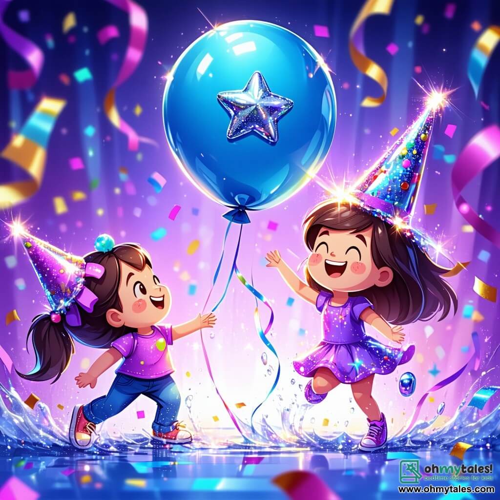 Benny, a bright blue balloon with a silver star on his belly, joyfully floats above a sparkling disco ball, his eyes shining with determination and happiness. He dances around the ball, surrounded by colorful party streamers. Gloria, a sparkling purple hat, is just below Benny, her sequins reflecting the light as she enthusiastically encourages her friend to keep dancing. Sally, a rainbow-colored can of Silly String, is next to her, ready to spray colorful strings, her eyes twinkling with mischief. The scene takes place in a lively party store filled with balloons, garlands, and twinkling lights, creating a festive and joyful atmosphere. Confetti floats in the air, adding a touch of magic to the ambiance. The main focus shows Benny performing a bold dance around the disco ball, while laughter and bright colors fill the space, celebrating the New Year with an explosion of joy and camaraderie.