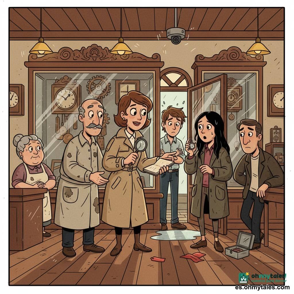Clara, detective de rostro decidido y sereno, ojos vivos y cabello castaño corto, lleva un trench beige algo arrugado, sostiene una lupa y un cuaderno abierto y señala suavemente una vitrina de cristal abierta; don Ernesto, restaurador de unos 60 años con bigote gris y bata manchada de aceite, sujeta la base de la vitrina junto a ella con expresión aliviada pero inquieta; Martín, joven de unos 18 años con pelo castaño despeinado y camisa remangada, está detrás de la vitrina con las manos cruzadas y mirada huidiza; Aurora, mujer de unos 40 años con abrigo mojado y cabello negro chorreando, espera en el umbral emocionada sosteniendo un cronómetro; Adrián, hombre de unos 30 años con chaqueta oscura, apoya la espalda en una estantería con mirada culpable y una pequeña caja metálica vacía a sus pies; Pilar, mujer de unos 55 años con delantal polvoriento, observa desde un mostrador con expresión tímida pero atenta; el lugar es una galería de antigüedades con suelo de madera brillante, grandes vitrinas con marcos tallados, relojes de engranajes en las paredes y lámparas amarillas colgantes; hay una charca de agua junto a la puerta de cristal; Clara explica con calma la verdad a los reunidos frente a la vitrina abierta mientras una luz cálida ilumina los rostros, se ven pequeñas líneas de “estática” cerca de una cámara en el techo y en el suelo etiquetas rojas y un trozo de tela roja, atmósfera tensa pero suave, colores cálidos y contrastes nítidos.