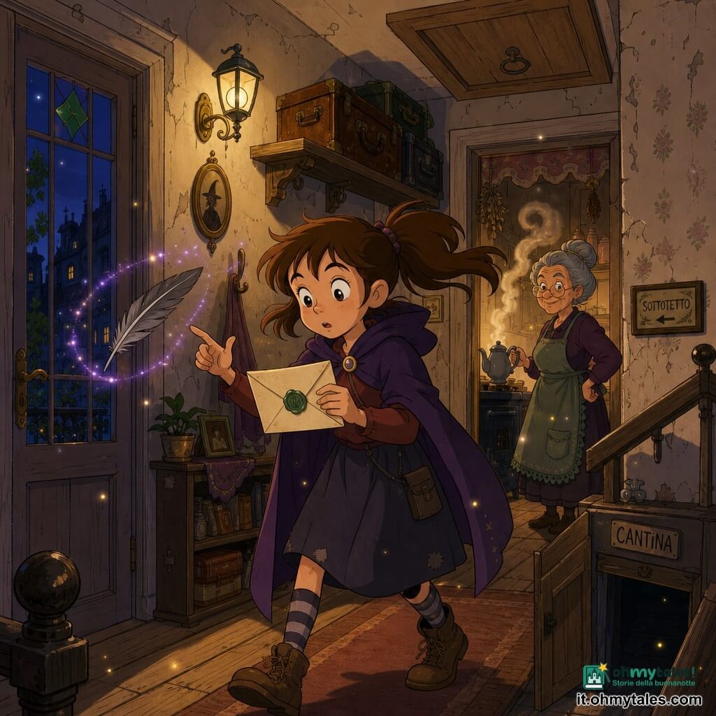 Lia, apprendista strega di 10 anni, guarda la lettera con stupore ed eccitazione: occhi grandi e luminosi, capelli castani in codino mossi come dal vento, tiene una busta crema sigillata con cera verde e una piuma grigia che fluttua accanto a lei; la nonna, circa 70 anni, è in cucina vicino a una teiera fumante, sorriso malizioso e rughe dolci; la scena è in un corridoio di un vecchio palazzo con intonaco crema screpolato, carta da parati floreale sbiadita, valigie impolverate ed una porta di soffitta in legno chiaro; è quasi notte: luce dorata incontra un'ombra bluastra e piccole particelle luminose fluttuano come lucciole; Lia sta scegliendo una porta alle nove, postura esitante ma decisa, mano verso la piuma che indica la direzione, tensione morbida e magia tangibile; dettagli grafici visibili: texture della cera, venature del legno, motivi della carta da parati e vapore del tè illuminato a alone; stile colorato, tratti morbidi ed espressivi, palette calda con tocchi di viola magico e verde foglia.