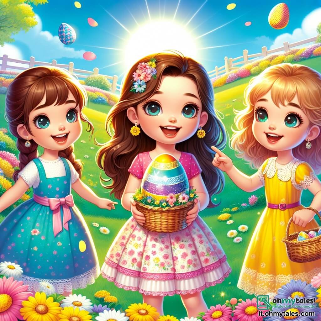 Tre ragazze felici, di circa 8 anni, si trovano al centro della scena. Sofia, con lunghi capelli castani e un vestito rosa a fiori, sorride ampiamente tenendo un piccolo cesto di vimini. Alla sua destra, Marta, con capelli biondi e ricci, indossa un vestito giallo brillante e guarda intorno a sé con occhi scintillanti di curiosità. A sinistra, Giulia, con capelli castani e una treccia, indossa un vestito blu e punta un grande uovo colorato e scintillante al centro della scena. Lo sfondo è una collina soleggiata, coperta di fiori multicolori e dolci petali che cadono intorno a loro. In lontananza, un cielo azzurro chiaro è punteggiato di nuvole bianche e soffici, e alberi con foglie verdi danzano dolcemente nel vento. Le ragazze stanno cercando un uovo di Pasqua speciale, che brilla tra i fiori, mentre il Coniglio di Pasqua, un adorabile coniglio con grandi orecchie e un papillon colorato, le osserva con un sorriso benevolo. L'atmosfera è piena di magia ed eccitazione, catturando lo spirito gioioso della caccia alle uova di Pasqua.