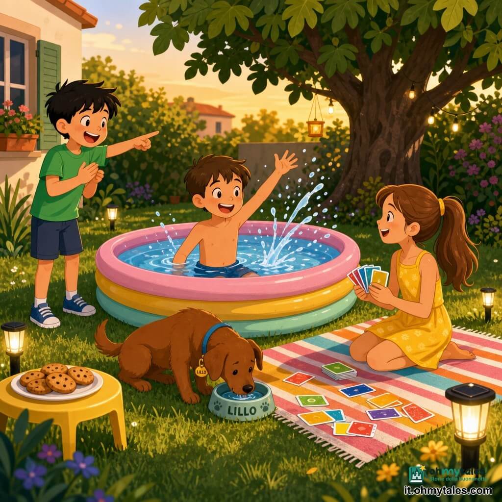 Ci sono tre bambini: Tommaso, 8 anni, capelli castani corti, carnagione chiara, in costume corto blu al centro di una piccola piscina gonfiabile tonda, mezzo immerso, sorride e alza una mano schizzando; Alice, 8 anni, capelli castani lunghi raccolti in coda, vestito giallo, seduta a destra su un grande asciugamano a righe con un mazzo di carte colorate, sorride guardando Tommaso; Matteo, 9 anni, capelli neri spettinati, maglietta verde, in piedi a sinistra sul bordo del prato, applaude e indica la piscina ridendo. Ambientazione: piccolo giardino soleggiato a fine pomeriggio con prato verde, una piscina gonfiabile pastello sull'erba, un grande fico all'ombra sullo sfondo, asciugamani colorati, un cane marrone (Lillo) che beve vicino all'acqua, qualche biscotto su un tavolino di plastica e luci solari accese soffuse. Situazione: scena gioiosa e calda con Tommaso che entra coraggiosamente in piscina mentre gli amici lo incoraggiano, schizzi visibili, carte sparse sull'asciugamano, espressioni di sostegno e divertimento, colori vivaci, forme semplici, contorni netti e ombre morbide, composizione centrata sulla piscina.