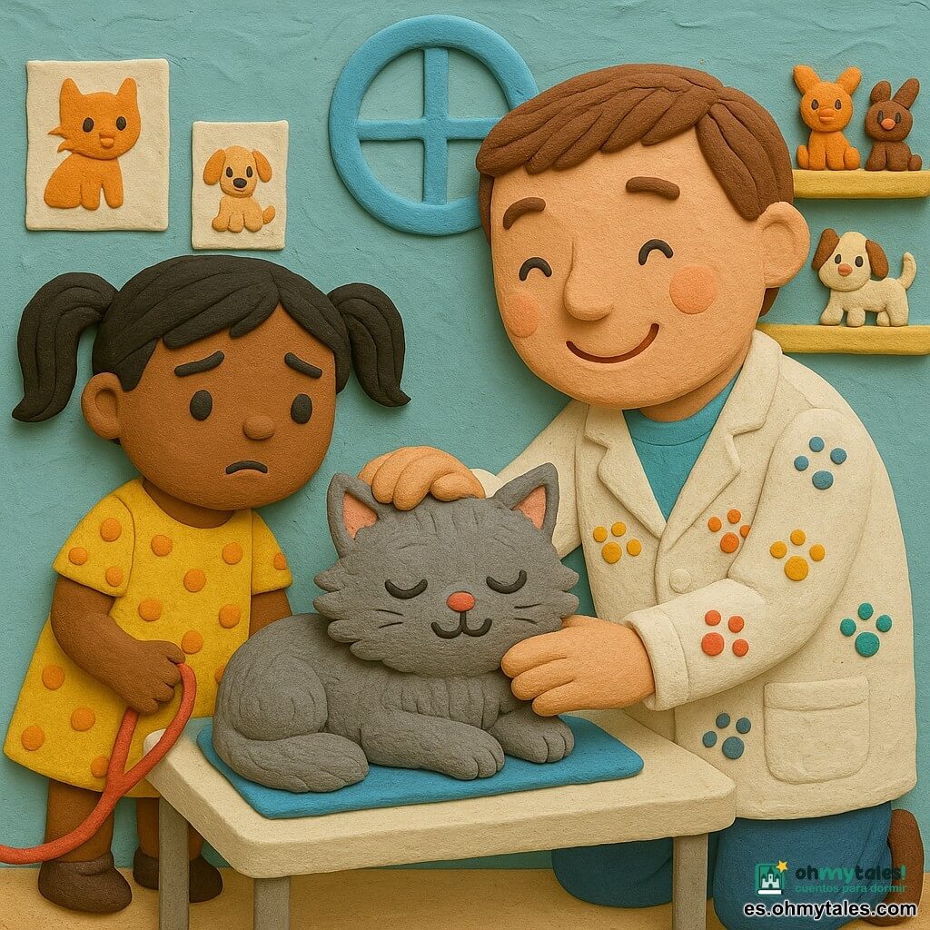 Un veterinario sonriente y amable, de rostro redondo y cabello castaño corto, arrodillado y acariciando suavemente a Pelusa, un gato gris de pelaje mullido con ojos entrecerrados, sobre una mantita azul en una mesa de examen; a la izquierda, Sofía, de unos 7 años, con coletas negras y vestido amarillo de lunares, sujeta la correa y mira con preocupación suavizada. Al fondo, una pequeña clínica luminosa con ventana redonda, estanterías bajas con juguetes, dibujos infantiles en la pared y una camita rosa; ambiente cálido y acogedor, texturas de pasta modelable visibles (impresiones, estrías y pequeñas bolitas de color). Composición centrada en el contacto humano-animal, primer plano suave en manos y rostros, perspectiva a altura de niño, paleta en tonos vivos y pastel (azul cielo, amarillo, rosa y verde), estilo bajorrelieve de pasta modelable con formas redondeadas, contornos suaves y sombras tenues.