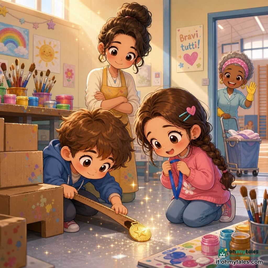 Bambino di 8 anni dal viso rotondo, capelli castani arruffati, occhi grandi e luminosi, espressione concentrata e dolce, inginocchiato e meravigliato mentre usa un lungo righello di legno per far rotolare una piccola medaglia dorata; bambina di circa 8 anni con treccia castana, sguardo sorridente e sollevato, tiene il suo nastro blu accanto a lui, leggermente china; insegnante donna con capelli raccolti in chignon, sorriso calmo e sguardo benevolo, in piedi dietro i bambini con le mani incrociate; addetta alle pulizie donna anziana dai capelli grigi con carrello del bucato vicino alla porta che saluta divertita sullo sfondo; ambiente: aula d’arte adiacente alla palestra con pavimento in linoleum chiaro, tavoli bassi con vasetti di colore, scatole di cartone impilate, luce calda che filtra da una finestra alta e qualche scintilla di brillantini sul pavimento; scena: momento tenero e di scoperta mentre la medaglia viene fatta rotolare fuori da uno spazio buio sotto i cartoni, dettagli carini come pennelli, stelline di brillantini e un piccolo poster "Bravi tutti!" vicino alla porta; palette: toni pastello caldi (giallo tenue, azzurro cielo, rosa cipria) con accenti dorati sulla medaglia; stile: chibi kawaii con contorni netti, teste grandi proporzionate, espressioni esagerate ma tenere, texture morbide e luminose, atmosfera ottimista e rassicurante.