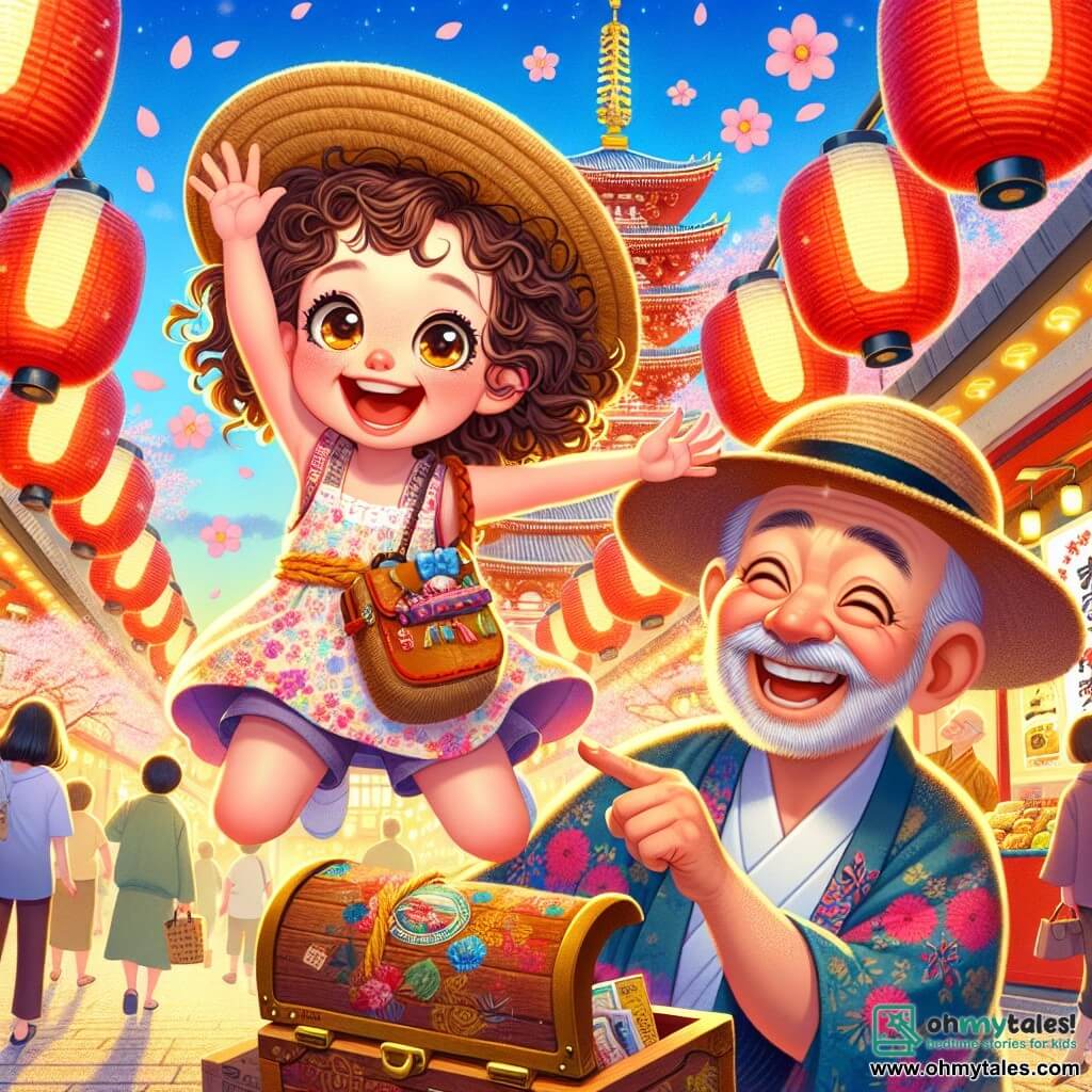 A 4-year-old girl with big bright eyes and curly hair is wearing a colorful dress and a straw hat. She is jumping for joy, holding a small wooden chest filled with memories, with a big smile on her face, expressing excitement and happiness. Next to her is Mr. Saito, a man in his fifties, wearing a traditional kimono with colorful patterns. He is smiling warmly and pointing towards a majestic temple in the background. The temple is adorned with red lanterns and golden details, surrounded by blooming cherry trees, creating a magical atmosphere. The scene takes place in a bustling Tokyo market, with food stalls, twinkling lights, and people joyfully moving around them. The main focus shows the girl and Mr. Saito discovering the chest of memories, illustrating the joy of adventure and the magic of travel.