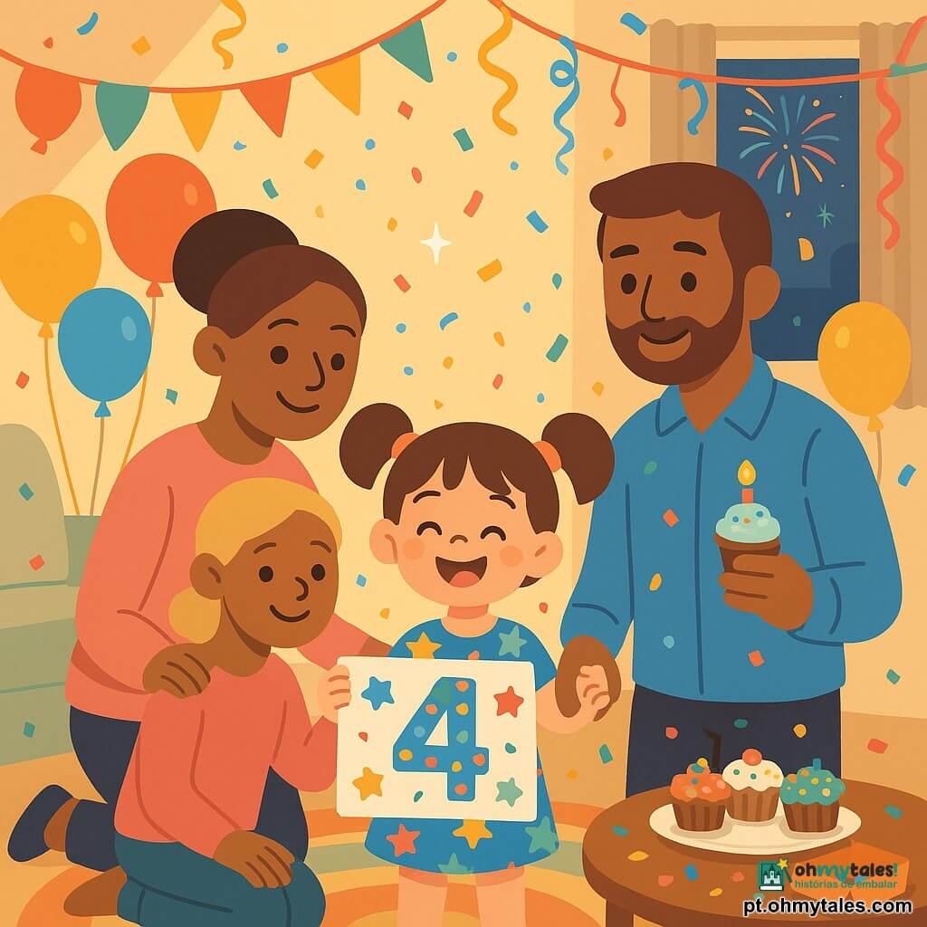Menina de 4 anos, feliz e maravilhada, cabelos castanhos em maria‑chiquinhas, olhos sorridentes, veste um vestido colorido com estrelas, segura as mãos dos pais e mostra orgulhosa um cartaz «Estou orgulhosa de…», mãe de ~30 anos com cabelo loiro preso, sorriso suave, agachada à esquerda com a mão no ombro da filha e pulôver rosa, pai de ~35 anos com cabelo castanho curto e barba leve, camisa azul, à direita segurando um mini cupcake; sala decorada com balões coloridos, guirlandas de papel, serpentinas, mesa baixa com cupcakes e caixa de confetes aberta, luz quente e suave, paredes em tons pastéis, tapete redondo geométrico e janela com fogos de artifício ao longe; cena principal: família contando em voz alta para o Ano Novo, menina radiante no centro, confetes caindo e decorações cintilantes ao redor.