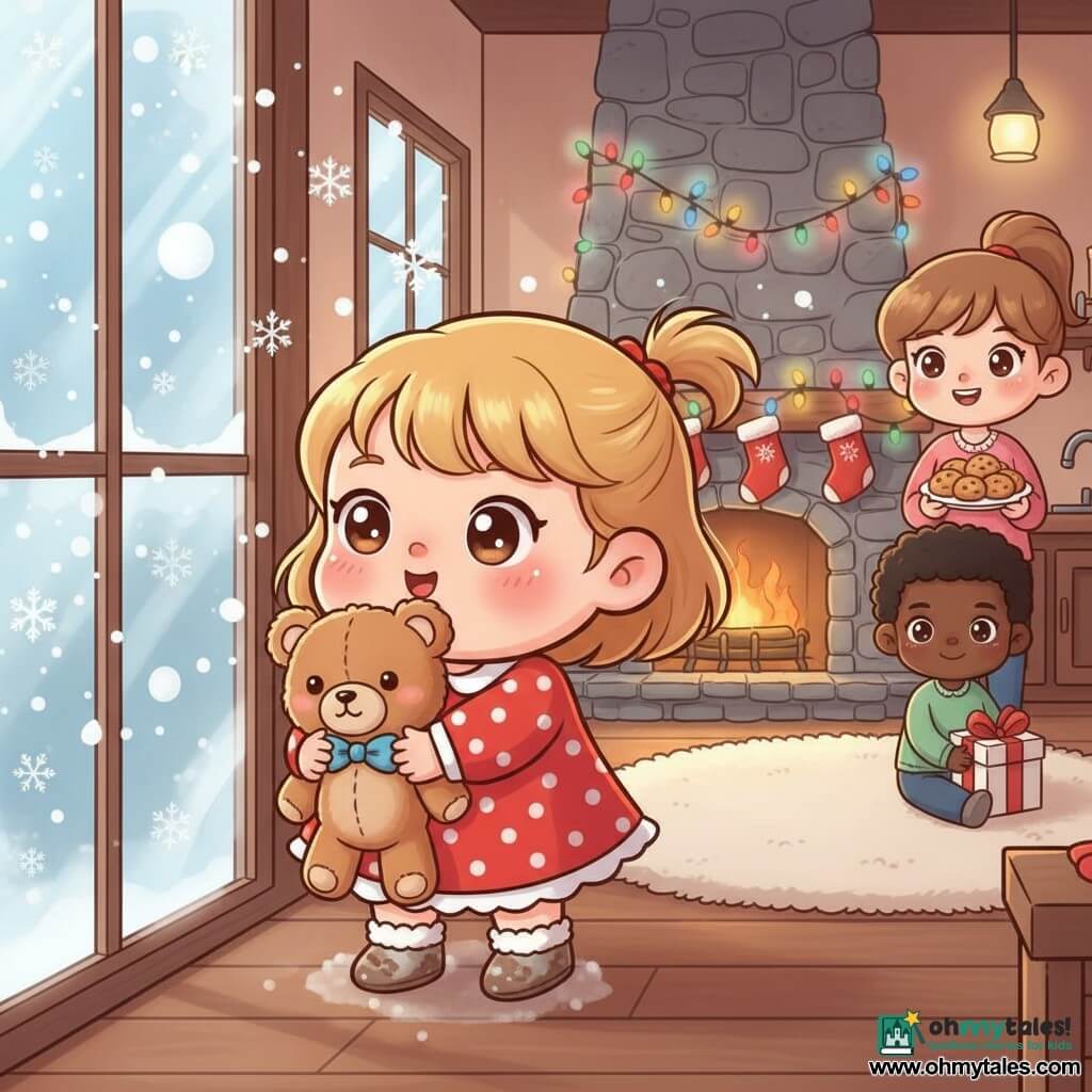 A 2-year-old girl, joyful and amazed, with round rosy cheeks, short blonde pigtails and big bright eyes, wearing a red polka-dot dress and snow-wet slippers, holds a small brown teddy bear named Mr. Snuggles (soft, plump, with a blue bow) and looks out a frosted window at large round falling snowflakes; her smiling mother (about 30, chestnut hair in a ponytail) stands near the kitchen at right holding a porcelain tray of cookies. Cozy Christmas living room with a stone fireplace, red stockings, multicolored string lights, a cream rug, warm lighting and textures contrasting with the cold blue window; main scene: the girl hugs her bear as the mother offers a cookie.