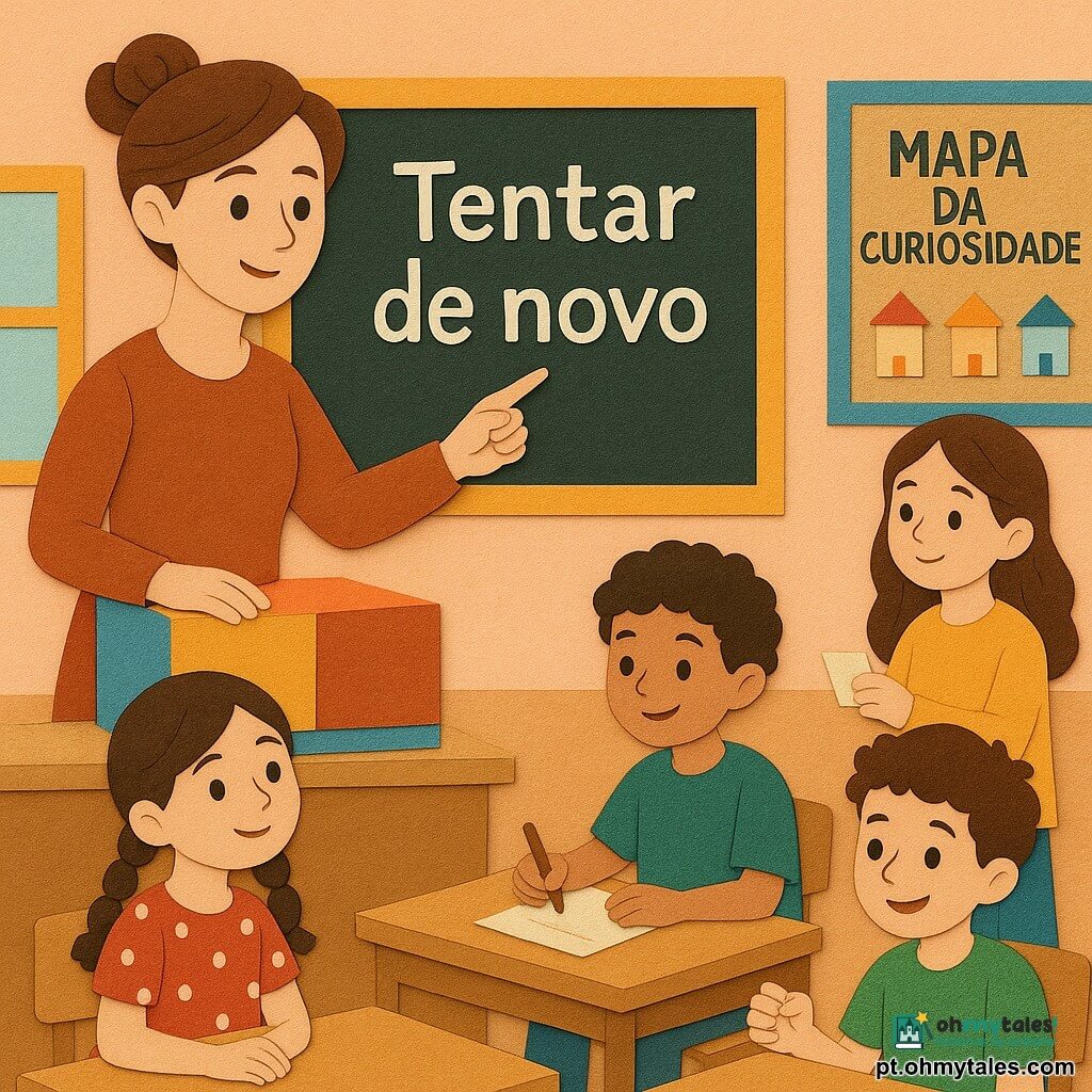 Uma professora de cerca de 30-40 anos, cabelos castanhos presos num coque desalinhado, rosto sorridente e olhar tranquilo, está de pé na frente da sala com uma mão sobre uma grande caixa colorida e a outra apontando para o quadro negro onde se lê "Tentar de novo". Joana, cerca de 7 anos, de tranças e olhar admirado, sentada na primeira fila; Miguel, cerca de 7 anos, cabelo curto castanho, expressão maliciosa, faz um gesto de robô; Pedro, cerca de 8 anos, cabelos encaracolados, concentrado, escreve uma promessa; Lara, cerca de 8 anos, cabelos soltos, sorriso tímido, segura um papel para colar no "Mapa da Curiosidade"; Tomás, cerca de 7 anos, cabelo ruivo desgrenhado, ri ao fundo. A sala é luminosa e acolhedora, com paredes em tons pastéis, grandes janelas, mesas de madeira clara, cartazes coloridos e um grande "Mapa da Curiosidade" colado no quadro; a professora apresenta o mapa e incentiva as crianças a escrever uma promessa, cena com gestos amigáveis e cores vivas.