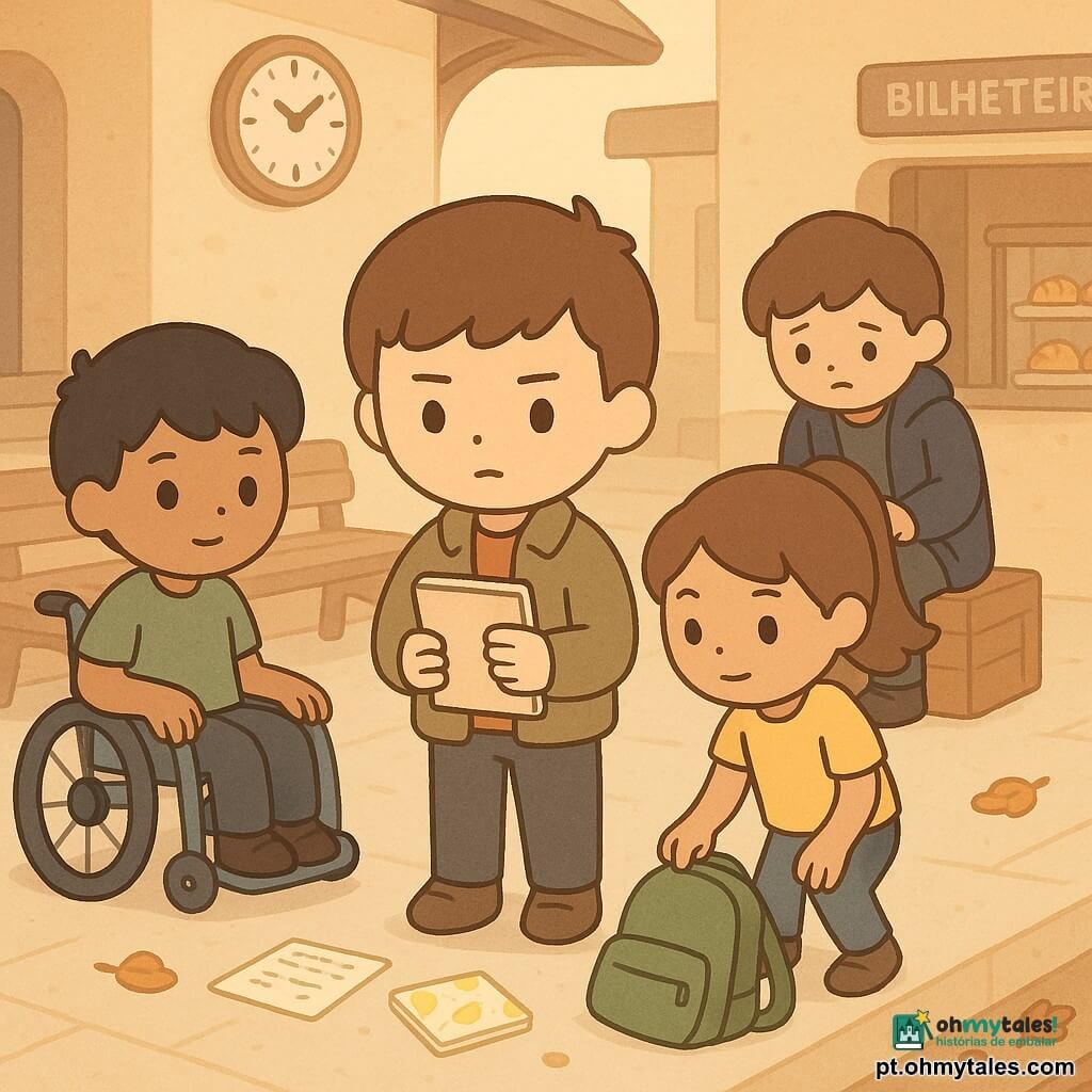 Quatro personagens: Tomás, menino de 12 anos, cabelos castanhos curtos, casaco caqui, caderno na mão, concentrado, à frente; Inês, menina de 12 anos, rabo de cavalo, camiseta amarela, sorridente e determinada, olhando para a mochila no chão à direita de Tomás; Rui, menino de 12 anos, cabelo preto, cadeira de rodas azul clara, camiseta verde, mão na roda, à esquerda de Tomás; Lucas, rapaz de ~16 anos, casaco azul escuro com botão faltando, postura envergonhada, ajoelhado/semirrecuado, segurando a mochila verde aberta, sentado numa caixa atrás dos outros. Local: pequena estação de aldeia ao fim da tarde, plataforma de pedra clara, relógio antigo ao fundo, banco de madeira gasto, quiosque com bolos, luz dourada suave e folhas de outono no chão. Situação: os três jovens confrontam Lucas que trouxe a mochila roubada; a mochila verde está no chão com folhas de receitas espalhadas e um pacote de guardanapos com estampado de limões visível; expressões de alívio, preocupação e perdão; atmosfera calma, cores em tons pastéis e sombras suaves.
