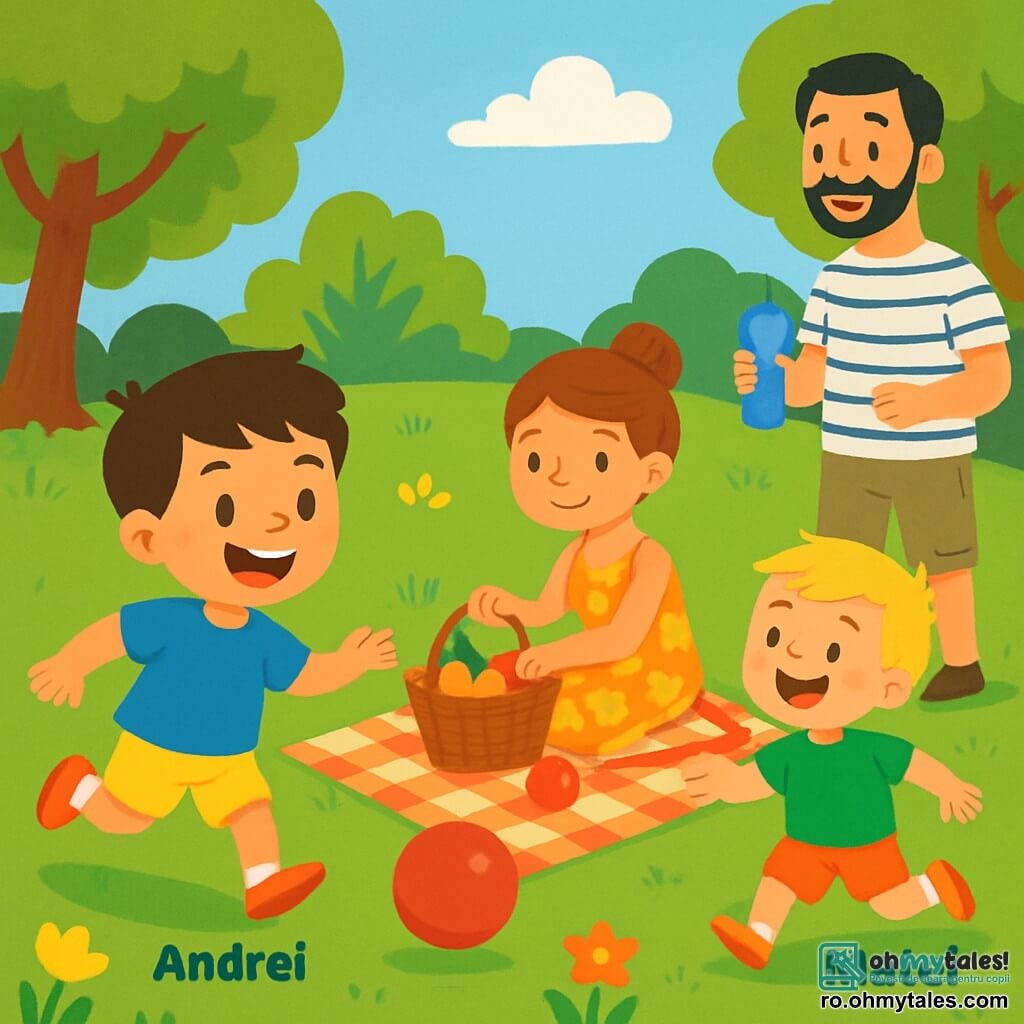 Sunt 4 personaje: - Andrei: un băiat de 6 ani, cu păr brun și ochi strălucitori. Poartă un tricou albastru și pantaloni scurți galbeni. Aleargă după o minge roșie, zâmbind. - Matei: un băiat de 5 ani, cu păr blond și obraje roz. Poartă un tricou verde și pantaloni scurți portocalii. Râde încercând să-l ajungă pe Andrei. - Mama: o femeie de aproximativ 30 de ani, cu păr castaniu prins în coc. Poartă o rochie ușoară cu flori. Este așezată pe o pătură, pregătind un picnic. - Tata: un bărbat de aproximativ 35 de ani, cu păr negru și barbă ușoară. Poartă un tricou în dungi și pantaloni scurți bej. Este în picioare, ținând o sticlă de apă și zâmbind copiilor. Locul este un parc verde, plin de copaci cu frunze și flori colorate. O pătură mare cu carouri este întinsă pe iarba moale, cu un coș de picnic plin de fructe și biscuiți. Cerul este albastru, presărat cu câteva nori albi pufoși. Situația principală îi arată pe Andrei și Matei jucându-se vesel cu o minge roșie, alergând pe iarba verde, în timp ce Mama și Tata îi privesc cu zâmbete calde, bucurându-se de o frumoasă zi de vară în familie.