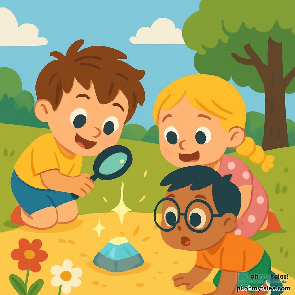 Um menino de 2 anos, Tomás, com cabelos castanhos bagunçados e olhos brilhantes de curiosidade, se inclina para o chão com um grande sorriso maravilhado. Ele usa uma camiseta amarela vibrante e um short azul, segurando uma pequena lupa na mão. Ao seu lado, sua melhor amiga Ana, uma menina de 2 anos com cabelos loiros trançados e um vestido rosa de bolinhas, observa com entusiasmo uma pedra brilhante no chão. Outro amigo, Pedro, um menino de 2 anos com cabelos negros e óculos redondos, se agacha perto deles, com os olhos arregalados de surpresa. Eles estão em um parque ensolarado, cheio de flores coloridas e grandes árvores verdes. O céu é azul com algumas nuvens brancas fofas. A cena principal mostra Tomás e seus amigos descobrindo uma pedra brilhante, formando um pequeno círculo ao redor dela, prontos para desvendar o mistério dessa descoberta cintilante.