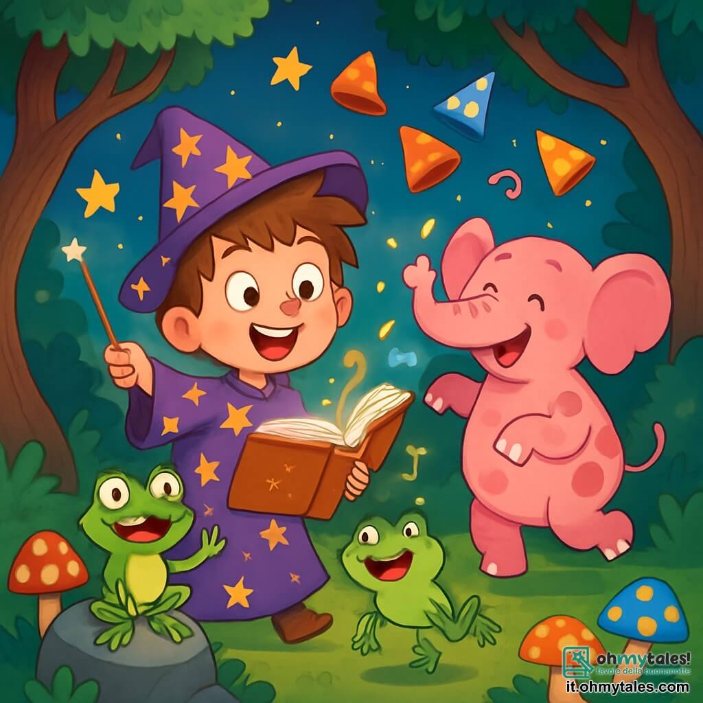 Poldo, un apprendista stregone di otto anni, ha i capelli arruffati e indossa una veste viola decorata con stelle dorate. Ha un grande sorriso meravigliato sul viso, gli occhi scintillanti di curiosità, mentre tiene un libro magico aperto davanti a sé. Accanto a lui, una piccola rana con baffi buffi, la sua fedele compagna, salta allegramente su una pietra, pronta ad aiutarlo nelle sue avventure. Il contesto è la Foresta Frullabosco, un luogo incantato dove gli alberi dai tronchi contorti sussurrano tra loro e dove funghi colorati danzano sul terreno. Stelle scintillanti illuminano il cielo notturno, creando un'atmosfera magica e gioiosa. In questa scena, Poldo ha appena lanciato un'incantesimo divertente, e cappelli dai colori vivaci volano intorno a lui, mentre un elefante rosa a pois, appena apparso, inizia a ballare in modo comico. Le risate degli altri personaggi risuonano nell'aria, aggiungendo all'atmosfera festosa e incantata di questa avventura magica.