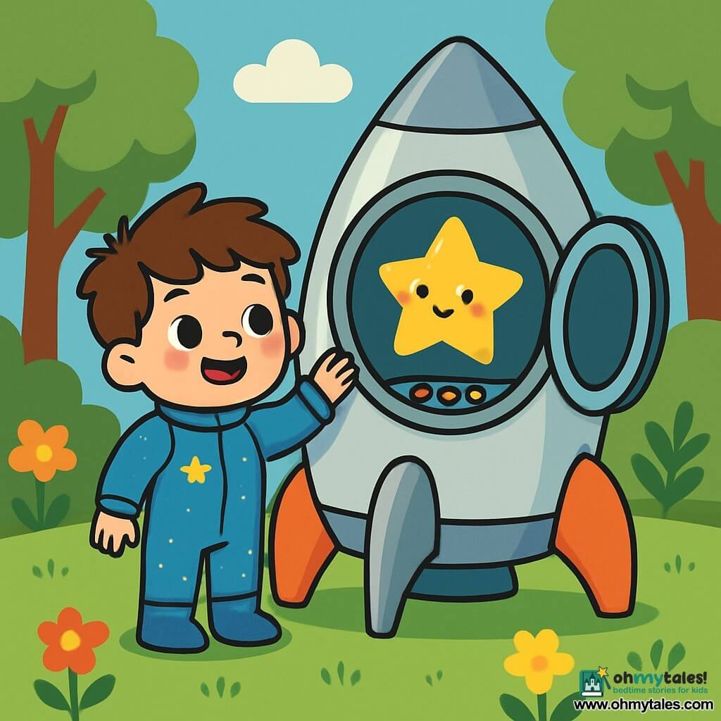 A 7-year-old boy named Sammy, with messy brown hair and sparkling curious eyes, stands next to a silver spaceship. He wears a blue space suit adorned with bright stars and has a big smile on his face, showing his excitement for adventure. Inside the spaceship, a small smiling star with gentle eyes and a golden glow floats joyfully near the dashboard, ready to guide Sammy. The scene takes place in a lush garden with colorful flowers and a clear blue sky dotted with fluffy clouds. The spaceship sits on the grass, surrounded by majestic trees swaying gently in the wind. Sammy, with a look of wonder, boards the spaceship, ready to press the colorful buttons to begin his journey to the twinkling stars.