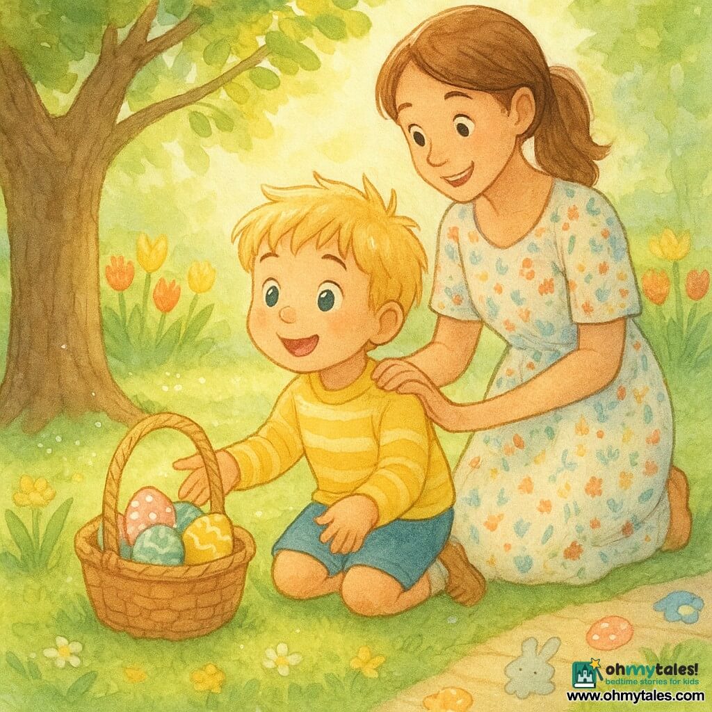 A four-year-old boy with tousled blond hair, chubby cheeks, wearing a yellow striped sweater and blue shorts, kneels by an Easter basket and reaches for colorful eggs with wide, astonished eyes and a bright smile; his mother, about 30–35, with brown hair in a ponytail and a light floral dress, stands behind him smiling and resting a hand on his right shoulder, while a spring garden of green grass, red and yellow tulips, a paved path with colorful stickers and a large rough-trunked tree where the basket sits provides dappled sunlight, soft shadows and sparkling highlights on the eggs and stickers.