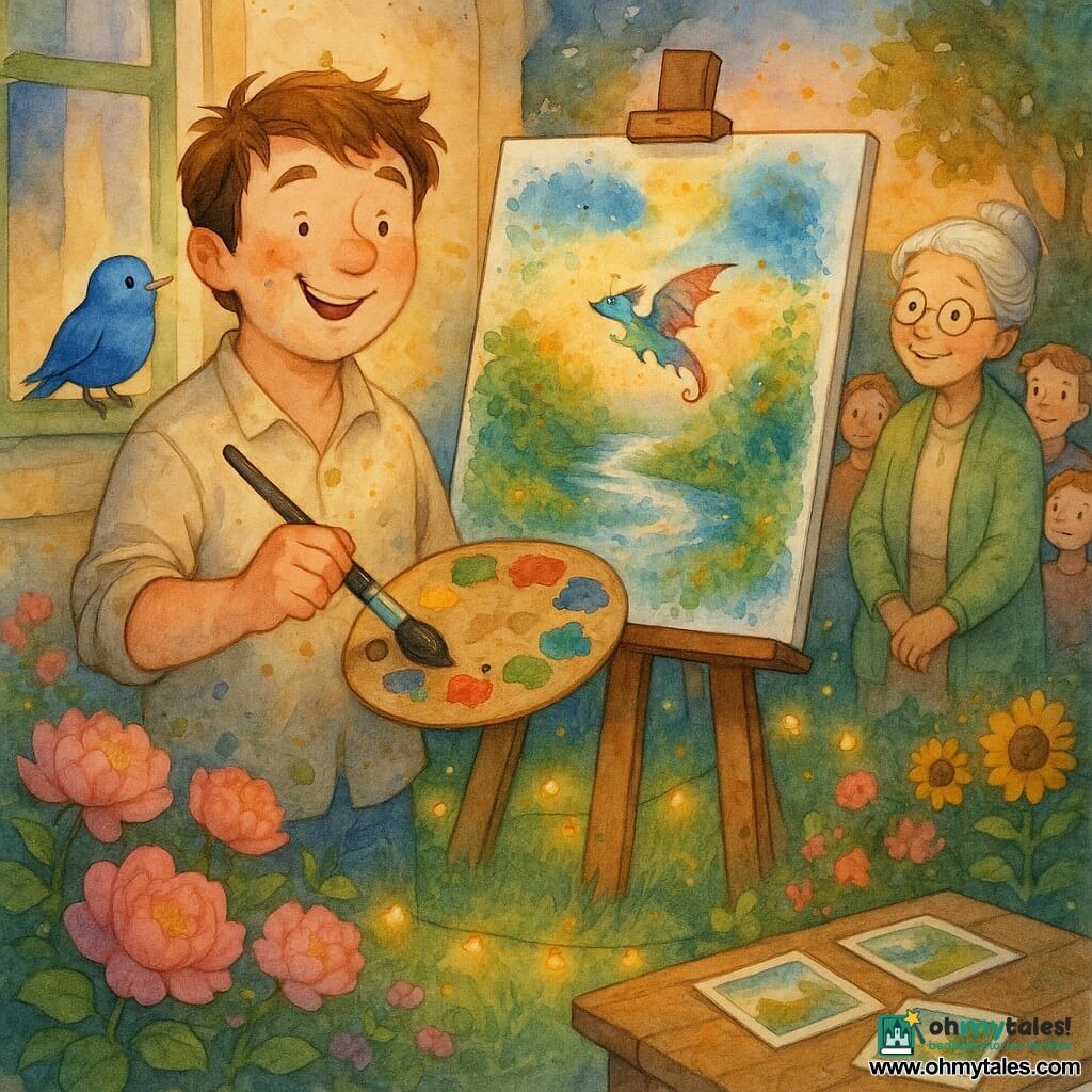 Lucas, a man in his thirties with a round face, paint spots on his cheeks and messy chestnut hair, stands proudly before a large canvas on an easel holding a stained palette and a large wet brush; a small curious blue bird perches on the windowsill at his shoulder admiring the painting; Mrs. Green, about 60 with silver hair in a bun and round glasses, stands to his right, smiling and slightly leaning with hands crossed among neighbors; the house garden at dusk has multicolored flowerbeds, green grass dotted with string lights and a wooden table with printed photos; Lucas is proudly presenting a canvas of a sparkling river and a small rainbow dragon flying, with deliberate watercolor splashes around the sky and leaves, a warm, gentle atmosphere and golden sunset light.