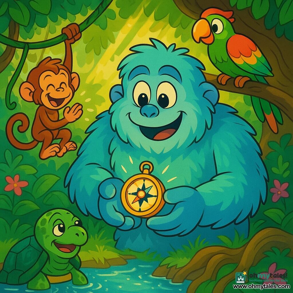 A large soft smiling blue yeti with turquoise fluffy fur, big bright eyes and rounded hands holds the Great Compass of Kindness gleaming like a tiny star while friends gather: Momo, an energetic red-haired monkey with mischievous eyes, swings on a vine to the left clapping joyfully; Polly, a wise parrot with bright green, red and yellow plumage, perches on a branch above, tilting her head encouragingly; Tilly, an elderly turtle with an emerald-and-silver textured shell, emerges from a sparkling stream in the foreground smiling gently; the scene is a magical jungle clearing with dense emerald foliage, knotted roots, pink and purple glowing flowers and golden sunbeams through the canopy, warm atmosphere, saturated colors, soft outlines, 90s cartoon style, centered composition and clear readable expressions for children