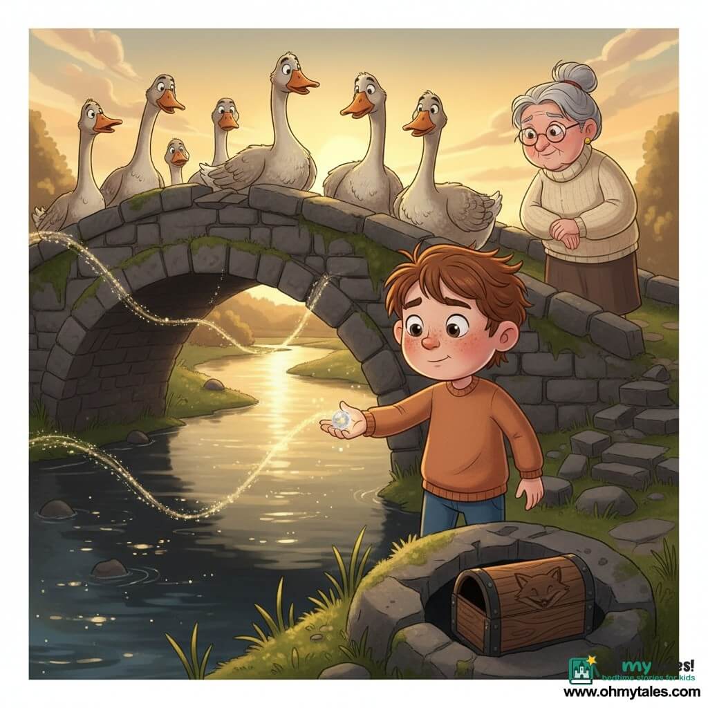 A 10-year-old boy with a round, freckled face, messy chestnut hair and bright eyes, expression both brave and moved, holds a small glowing marble like a firefly in his palm; in the background a grandmother of about 70 with gray hair in a loose bun and a cream wool sweater watches from the riverbank with a tender, proud look; a group of large, slightly comical geese block the path, their leader's head raised and plumage textured, wary but curious; the setting is a broken old stone bridge over a winding river with mossy stones and dark water catching golden reflections where the marble's light spreads in ribbons; in the foreground a lifted bridge stone reveals a small damp cavity containing a wooden box engraved with a laughing fox; the boy is about to drop the marble into the river while the geese form a dramatic barrier and the grandmother watches, the scene magical and affectionate in warm sunset colors with soft cel-shading contrasts.