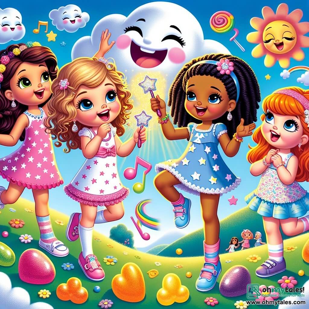 Four cheerful and lively four-year-old girls stand at the center of the image. **Lily** has curly brown hair, wearing a pink dress with stars, and is waving a sparkling magic wand. **Bella** has long braided blonde hair, dressed in a blue polka-dotted dress, and looks at the wand with wide curious eyes. **Daisy** has red hair in a bun and wears a green dress with flowers; she jumps for joy holding a singing sandwich. **Rosie** has smooth black hair and a purple dress; she laughs while trying to catch bouncing jellybeans around her. The setting is a sunny hill called Sparkle Hill, covered with giant colorful jellybeans shining in the sun. Fluffy clouds float in a light blue sky, and a large smiling face-shaped cloud, the Cloud King, leans down towards the girls with a friendly expression. The main scene shows the four friends having fun, surrounded by dancing jellybeans and a singing sandwich, while the Cloud King watches them laugh, creating a joyful and magical atmosphere.